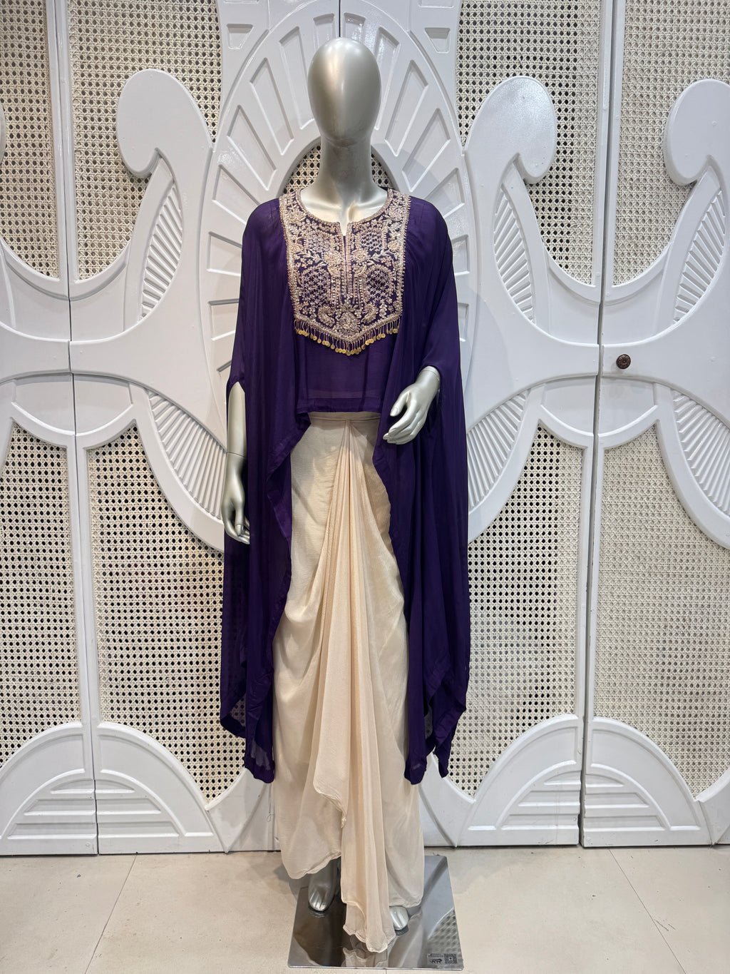 Royal Purple Embroidered Cape & Draped Skirt Set