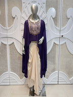 Royal Purple Embroidered Cape & Draped Skirt Set