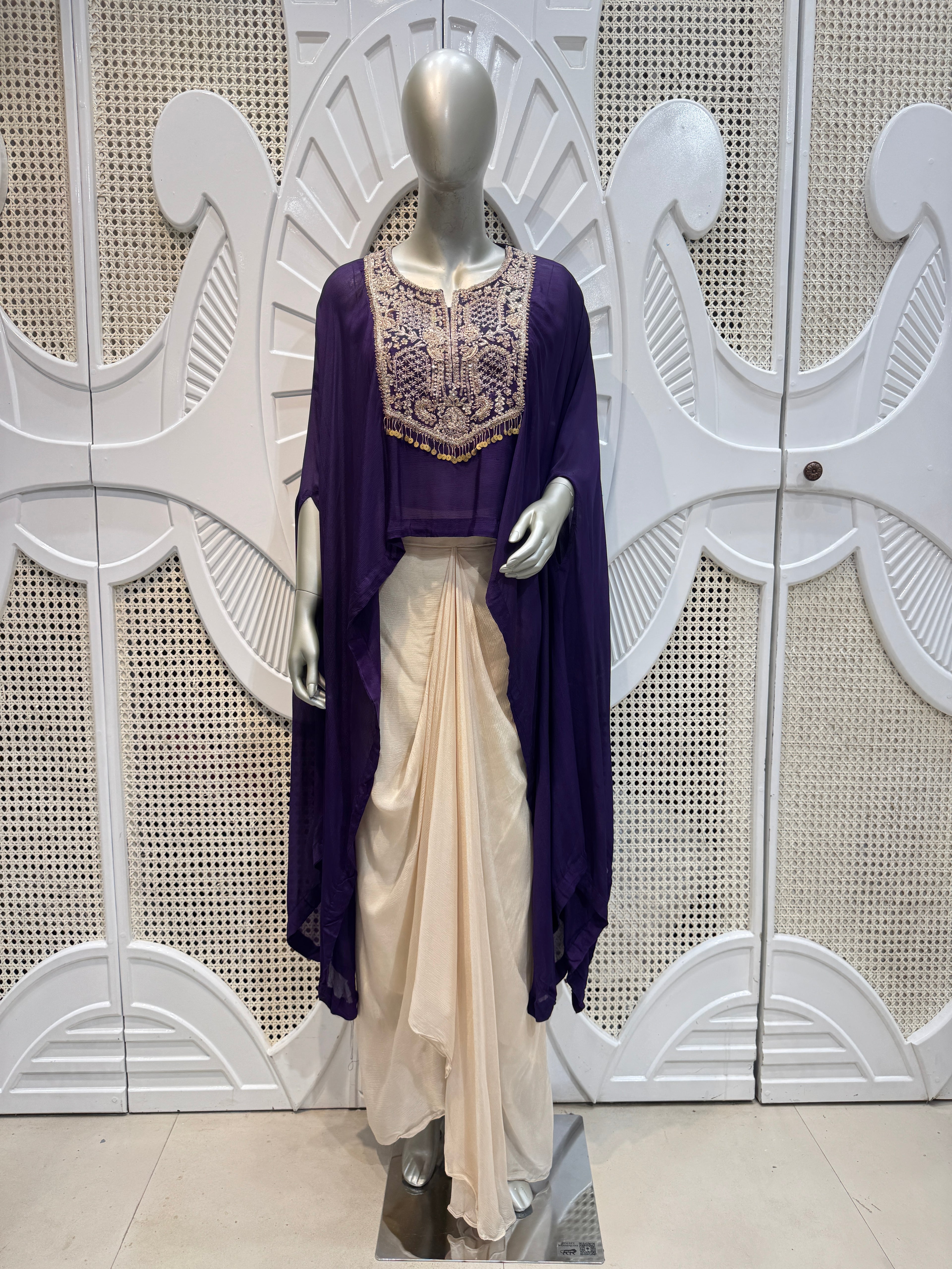 Royal Purple Embroidered Cape & Draped Skirt Set