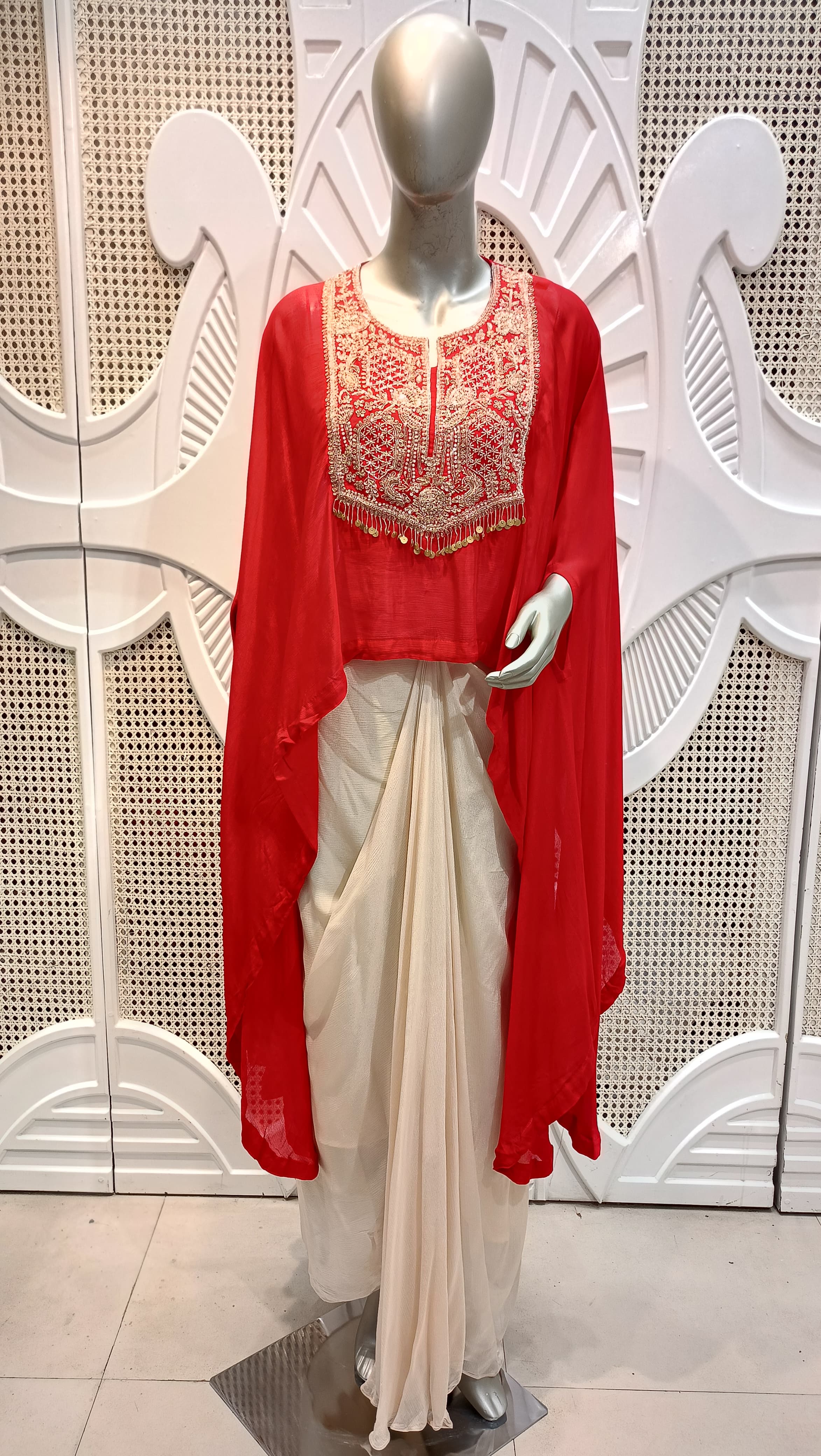 Crimson Red Embellished Cape Drape Set
