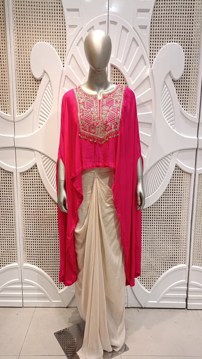 Fuchsia Pink Embellished Cape Drape Set