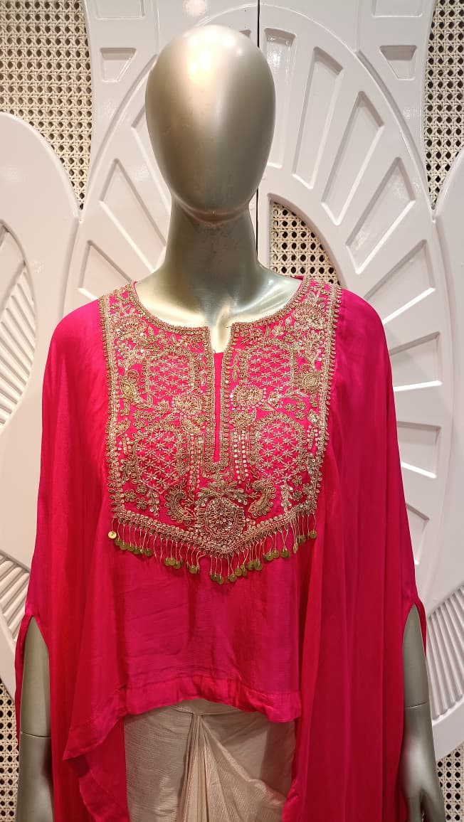 Fuchsia Pink Embellished Cape Drape Set