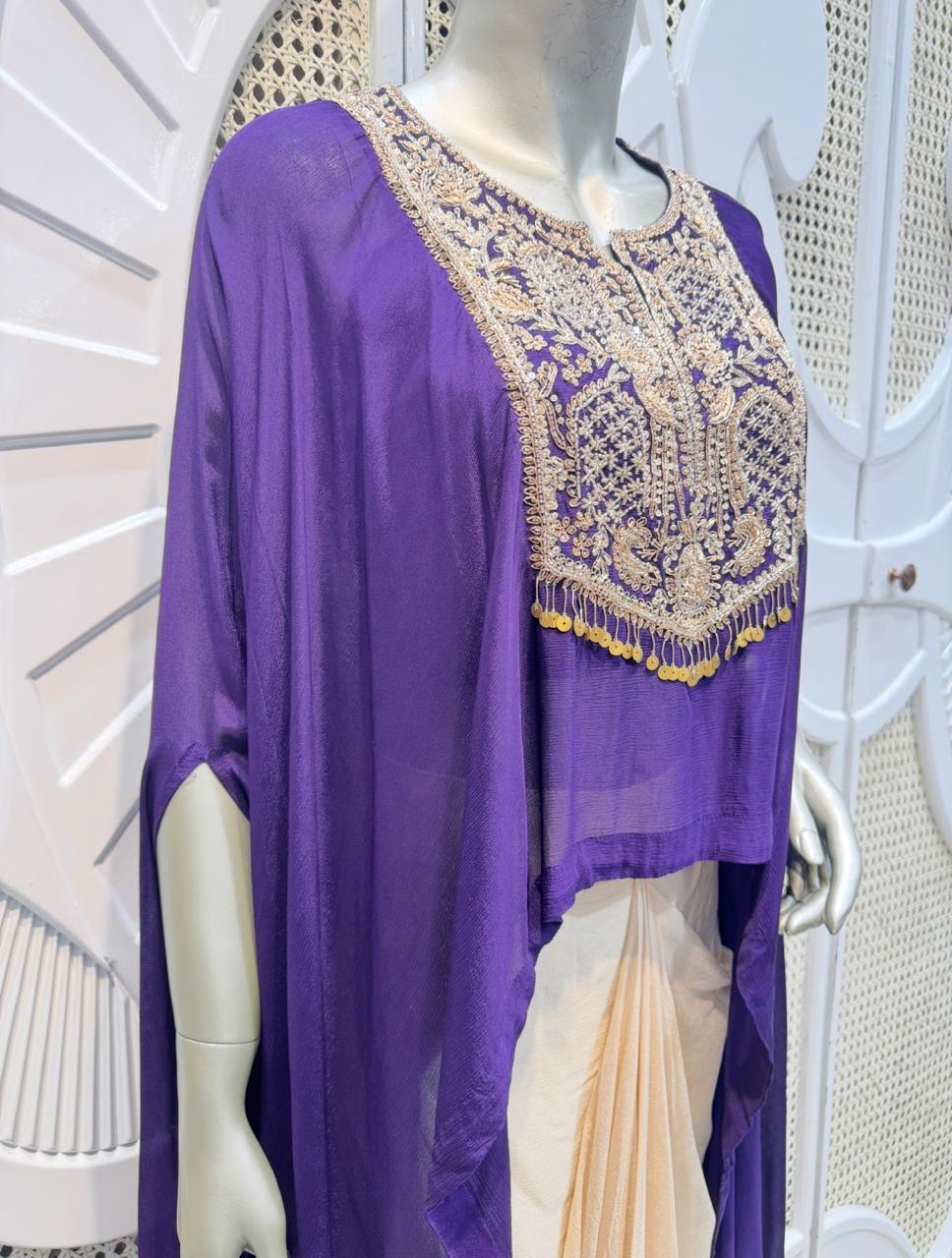 Royal Purple Embroidered Cape & Draped Skirt Set