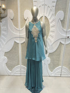 Teal Blue Embellished Kurta Sharara Set