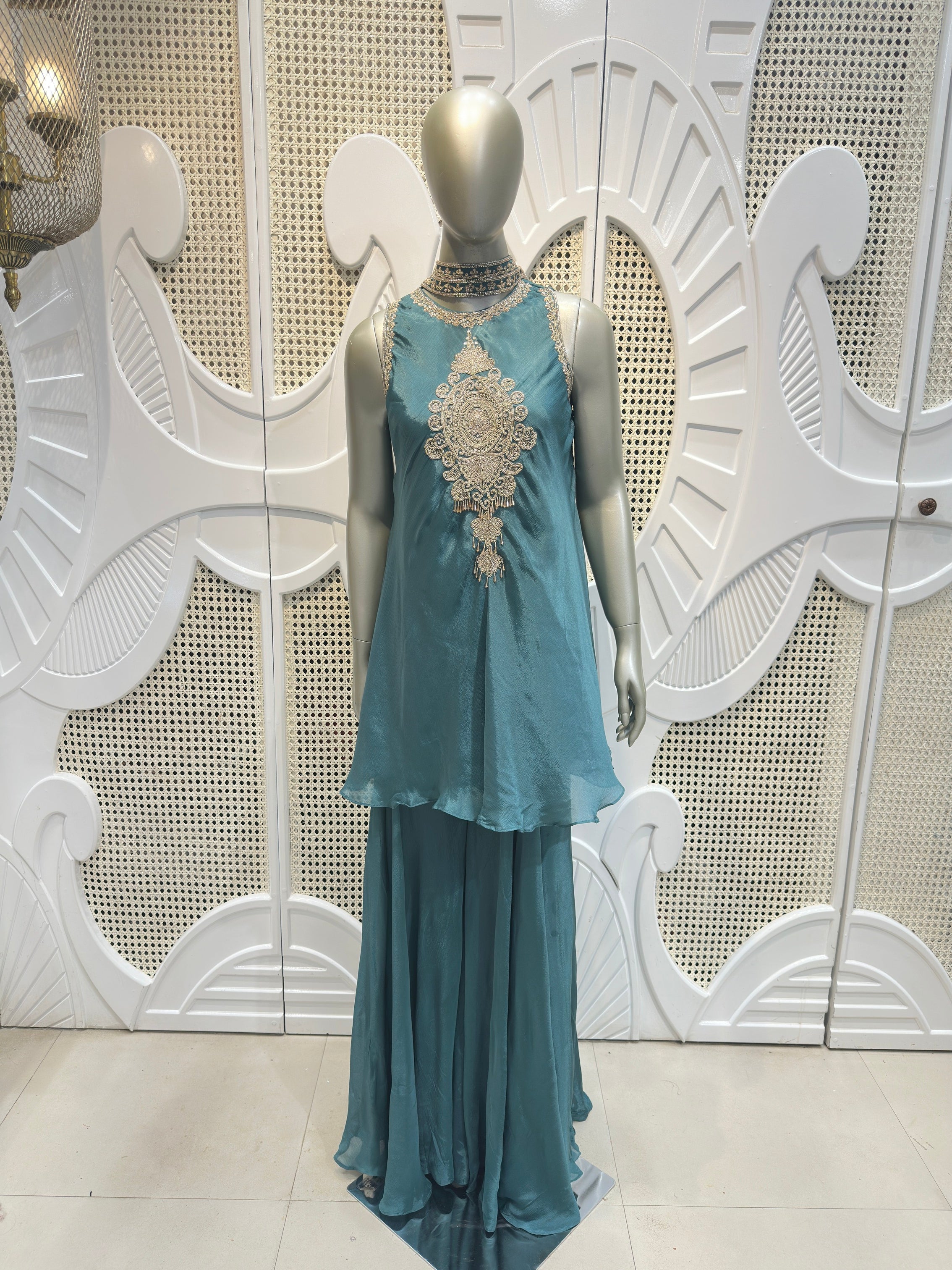 Teal Blue Embellished Kurta Sharara Set