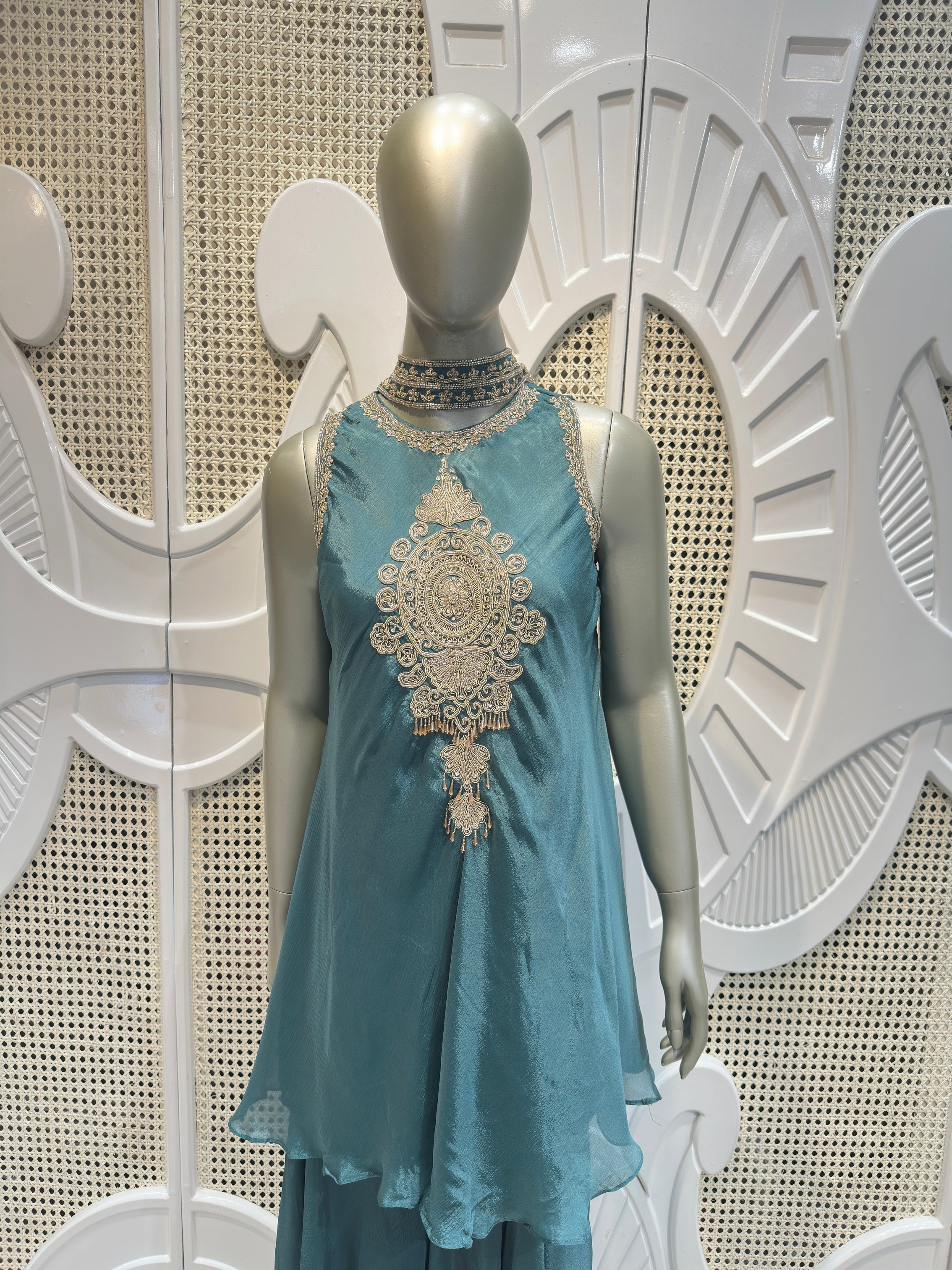 Teal Blue Embellished Kurta Sharara Set
