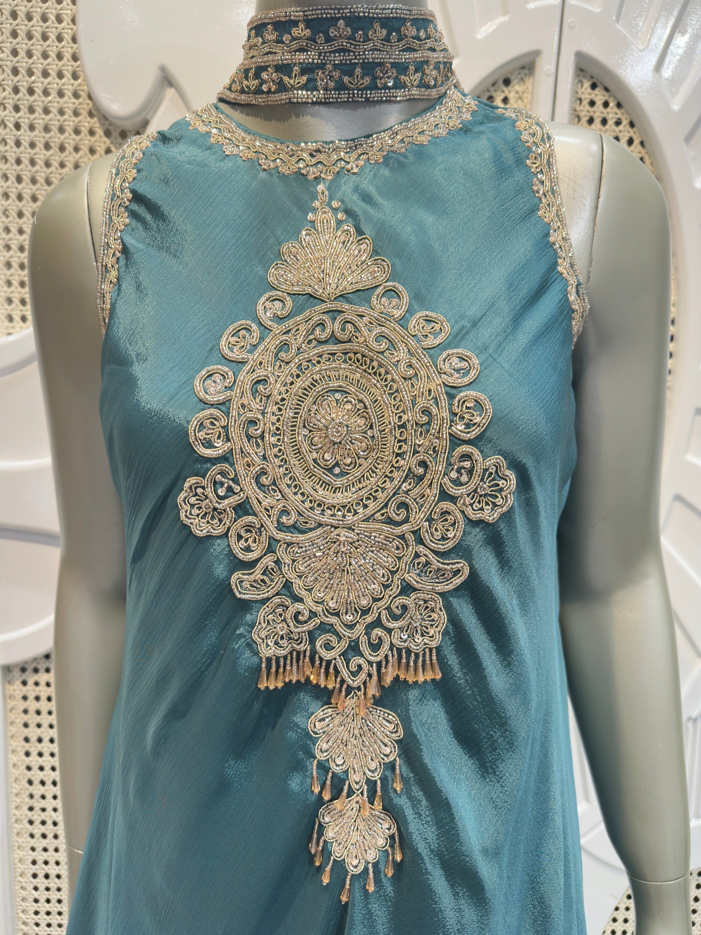 Teal Blue Embellished Kurta Sharara Set