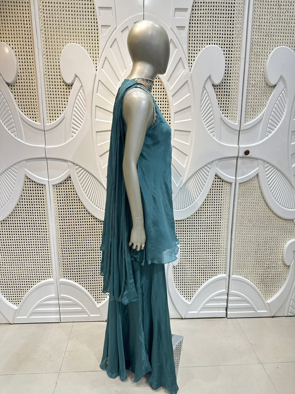 Teal Blue Embellished Kurta Sharara Set
