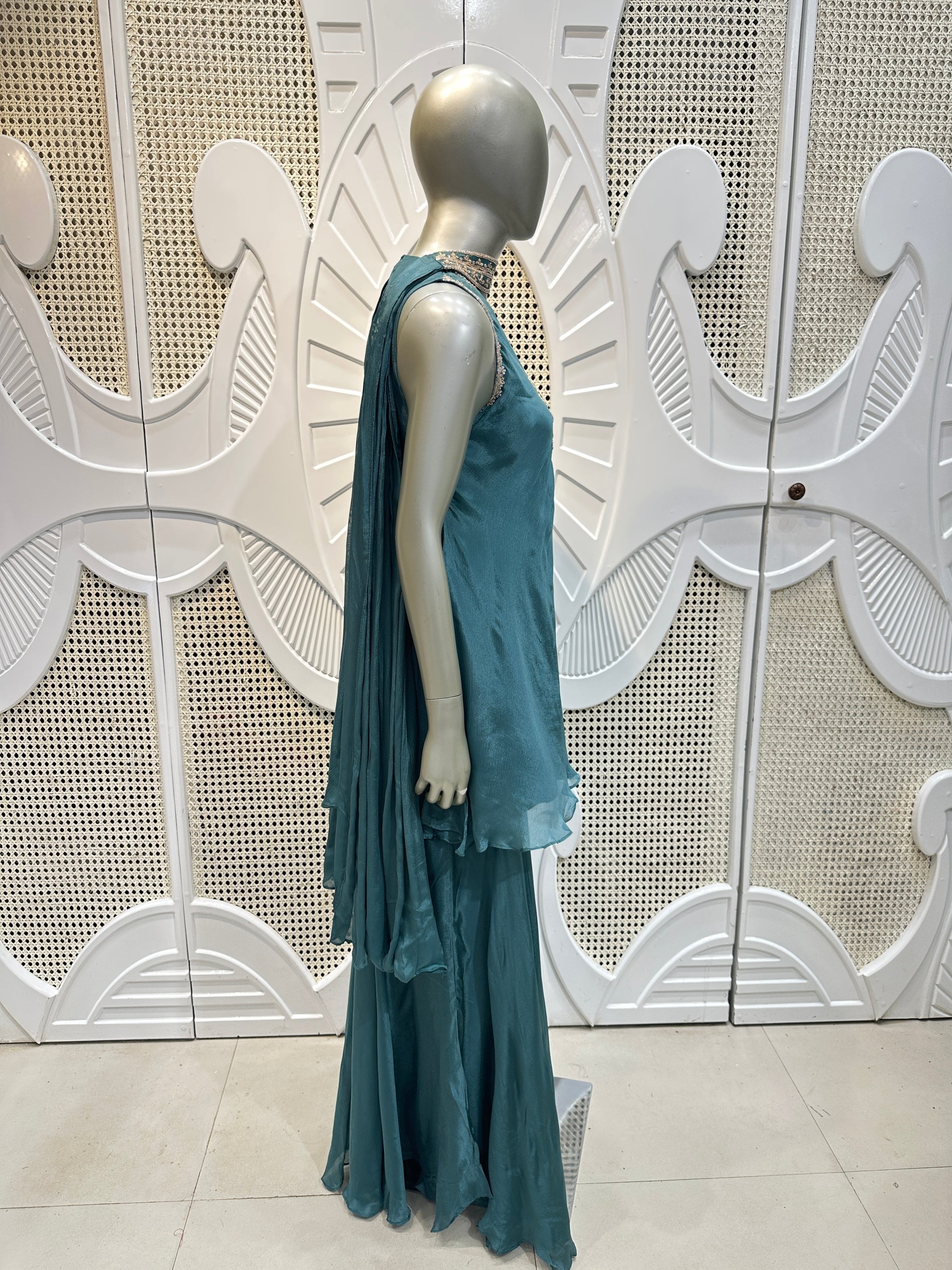 Teal Blue Embellished Kurta Sharara Set