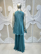 Teal Blue Embellished Kurta Sharara Set