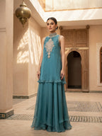 Teal Blue Embellished Kurta Sharara Set