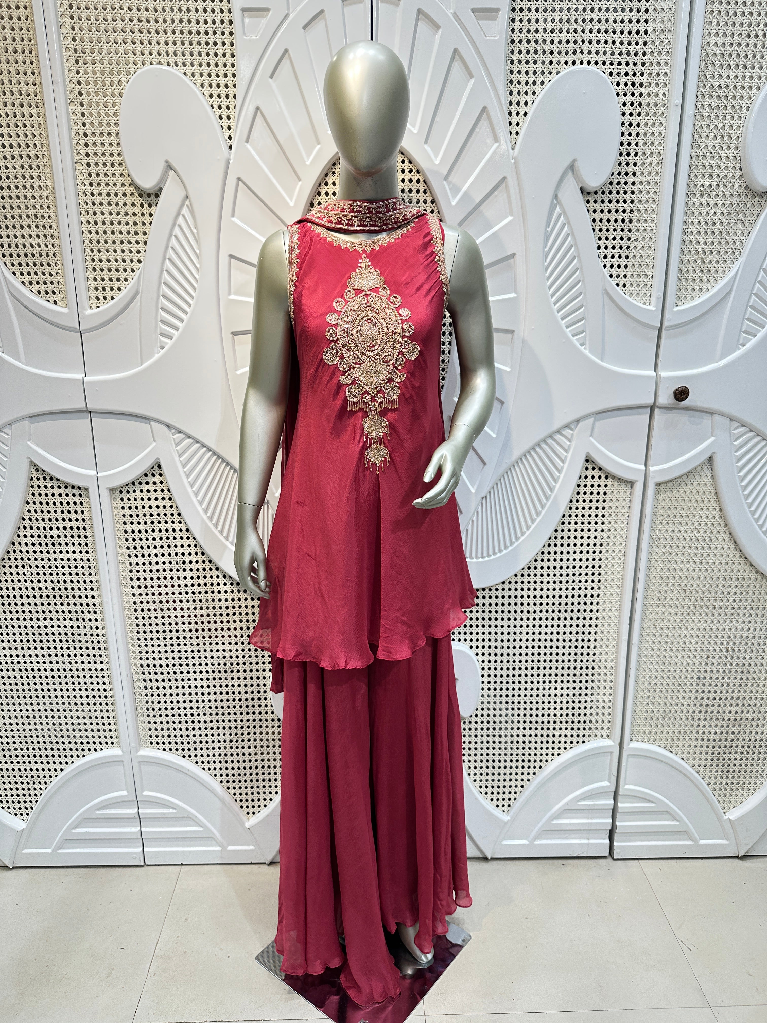 Wine Pink Embellished Kurta Sharara Set