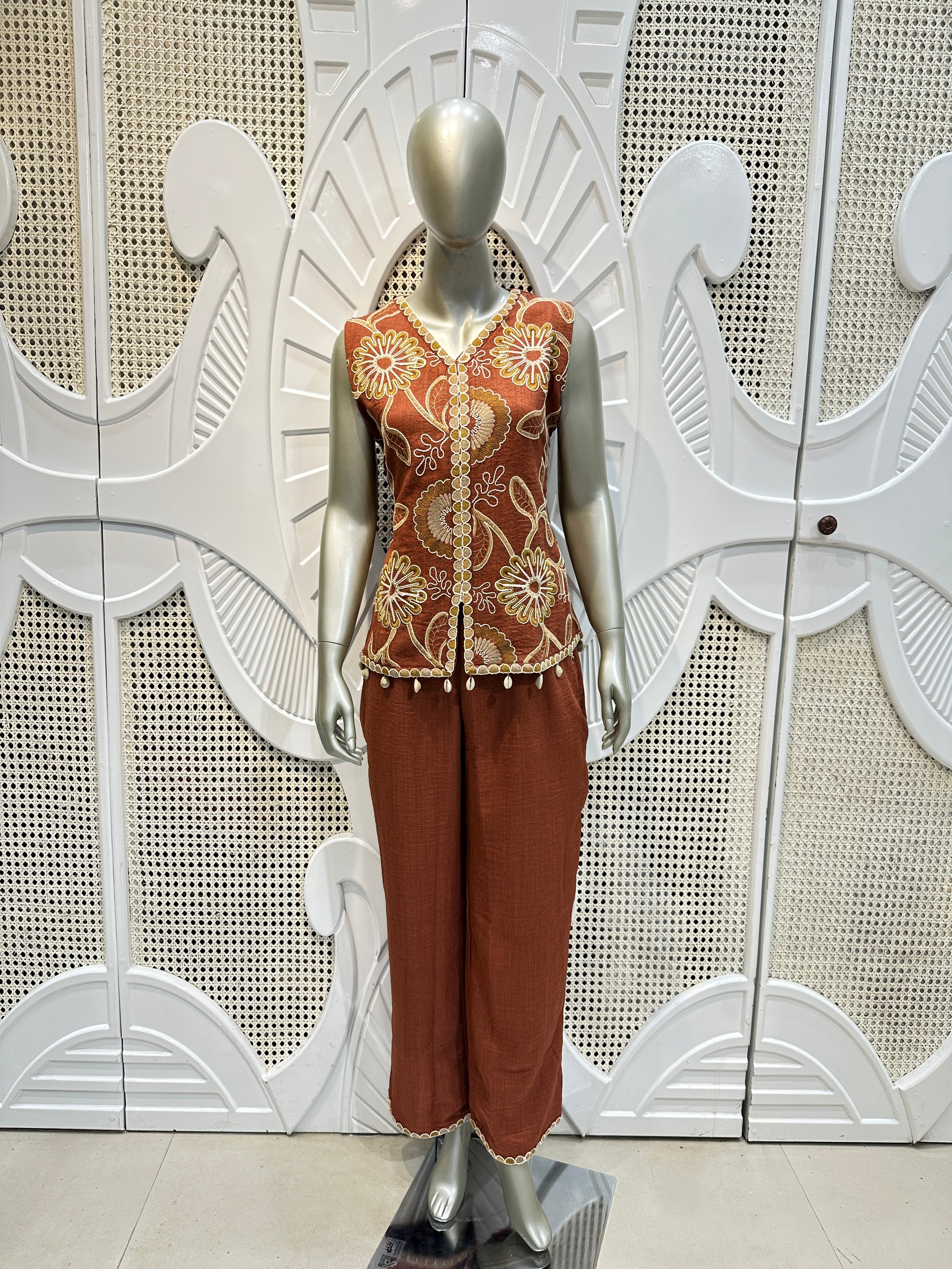 Rust Brown Floral Embroidered Co-Ord Set