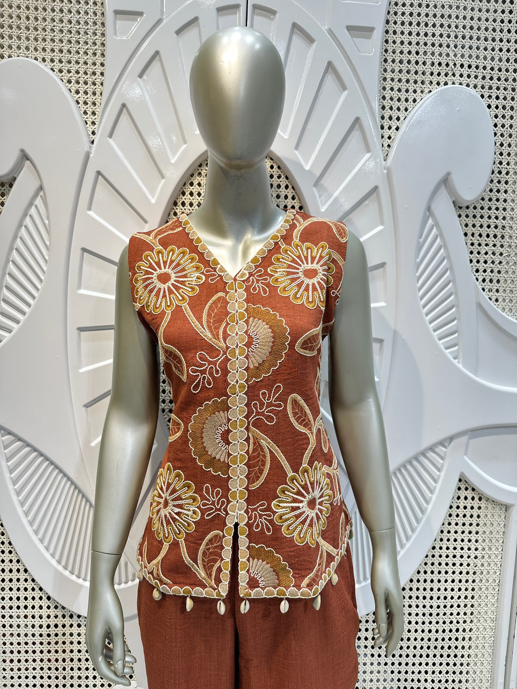 Rust Brown Floral Embroidered Co-Ord Set