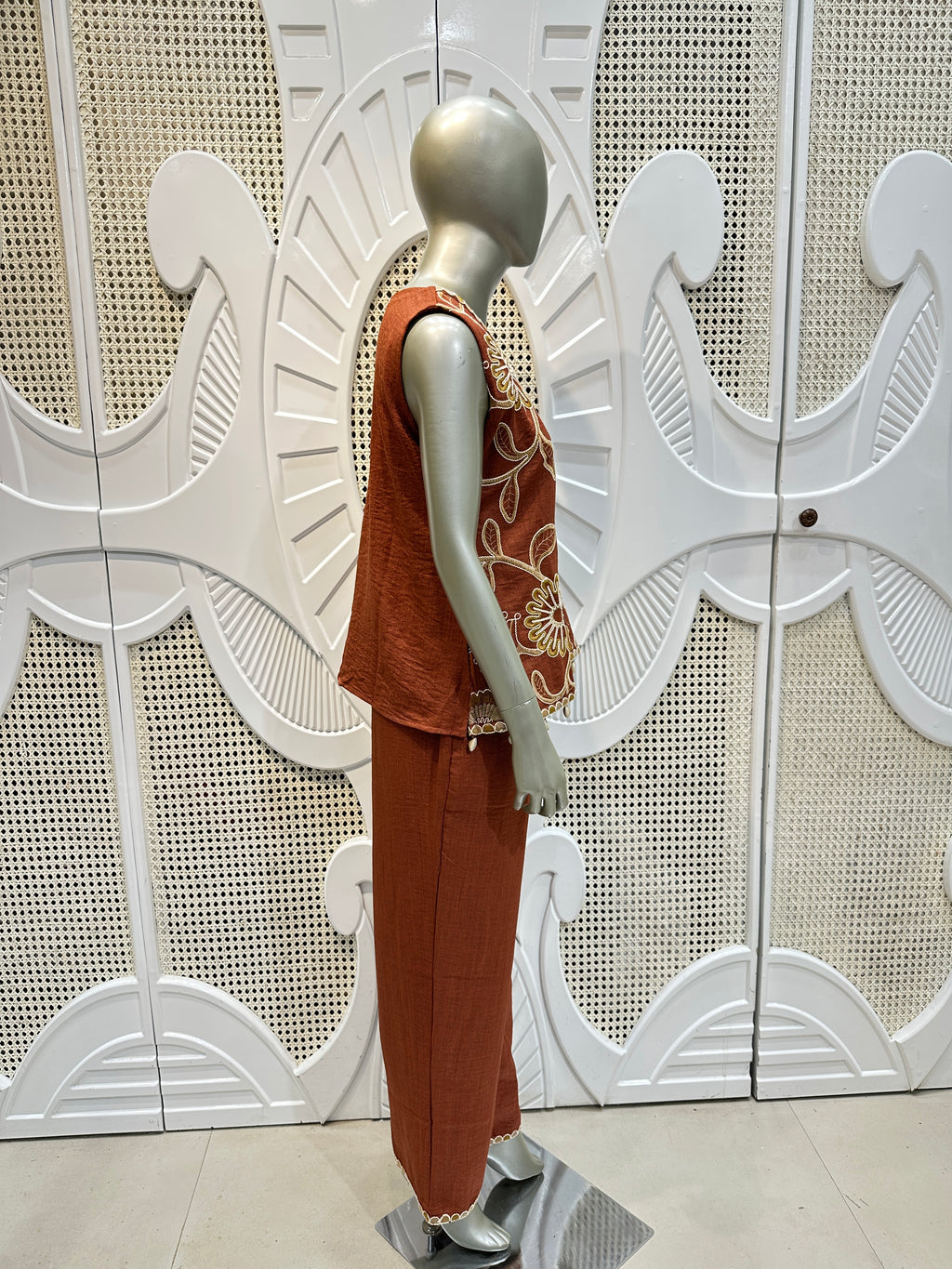 Rust Brown Floral Embroidered Co-Ord Set