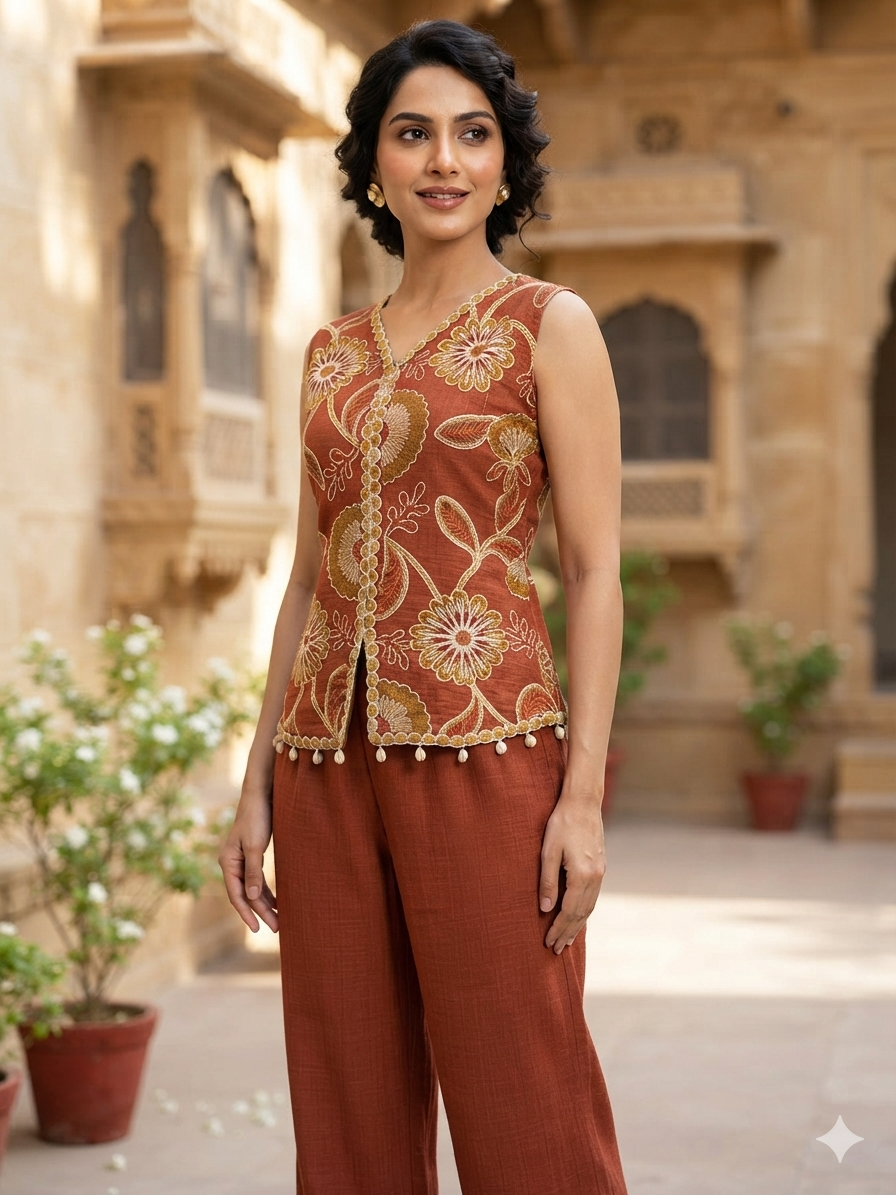 Rust Brown Floral Embroidered Co-Ord Set