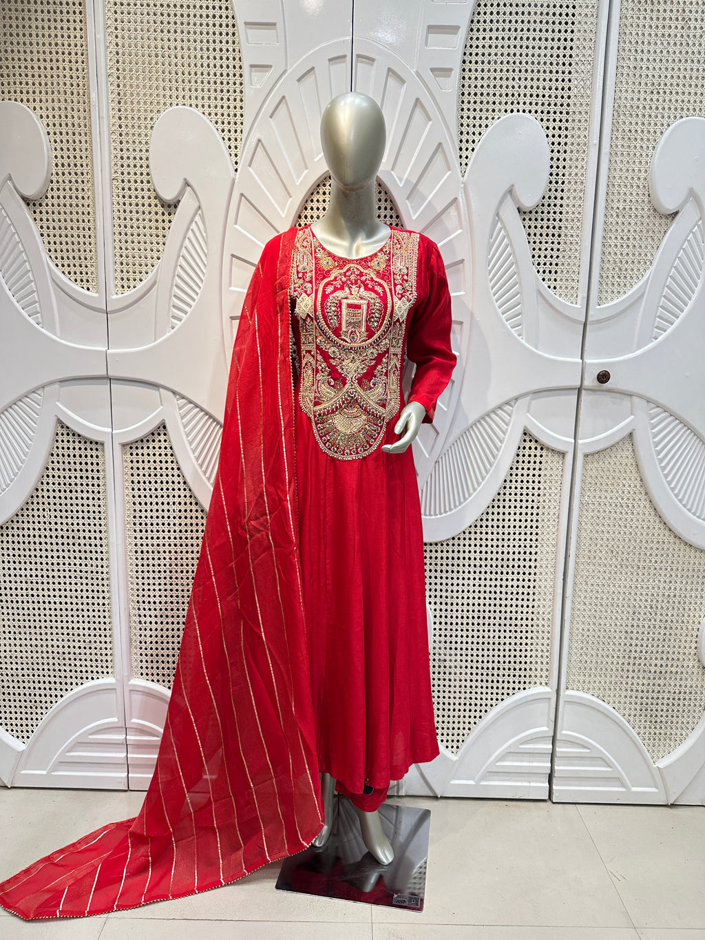 Crimson Red Embroidered Anarkali Suit Set