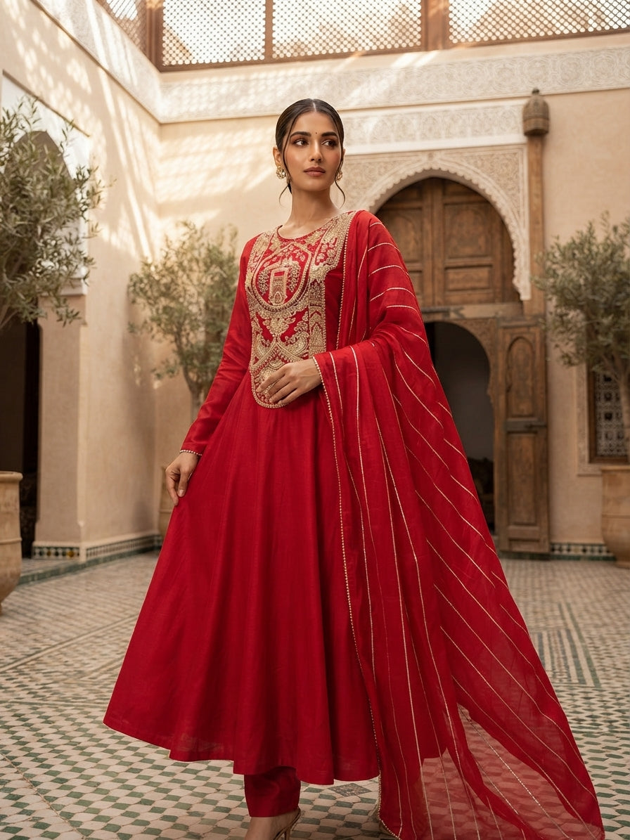 Crimson Red Embroidered Anarkali Suit Set