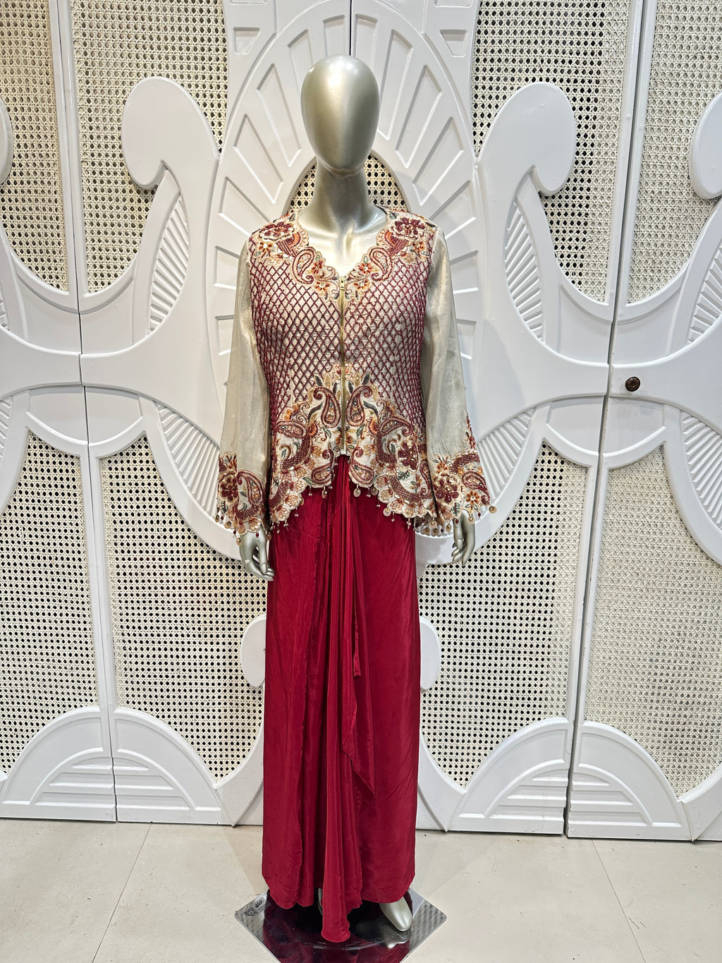 Ivory & Maroon Embroidered Jacket Co-Ord Set