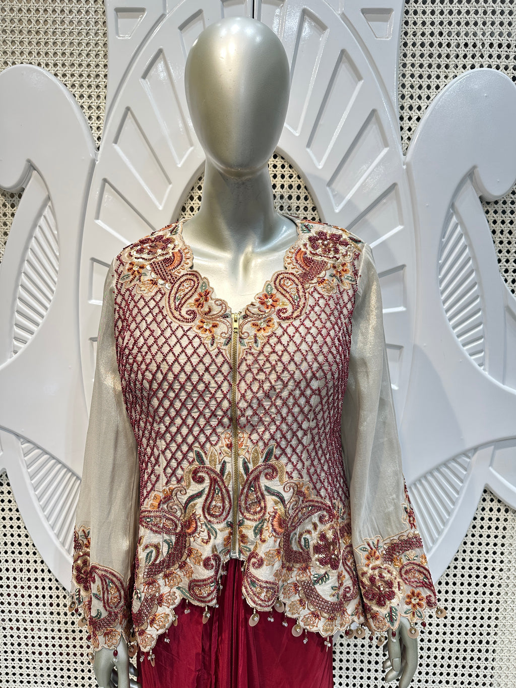 Ivory & Maroon Embroidered Jacket Co-Ord Set