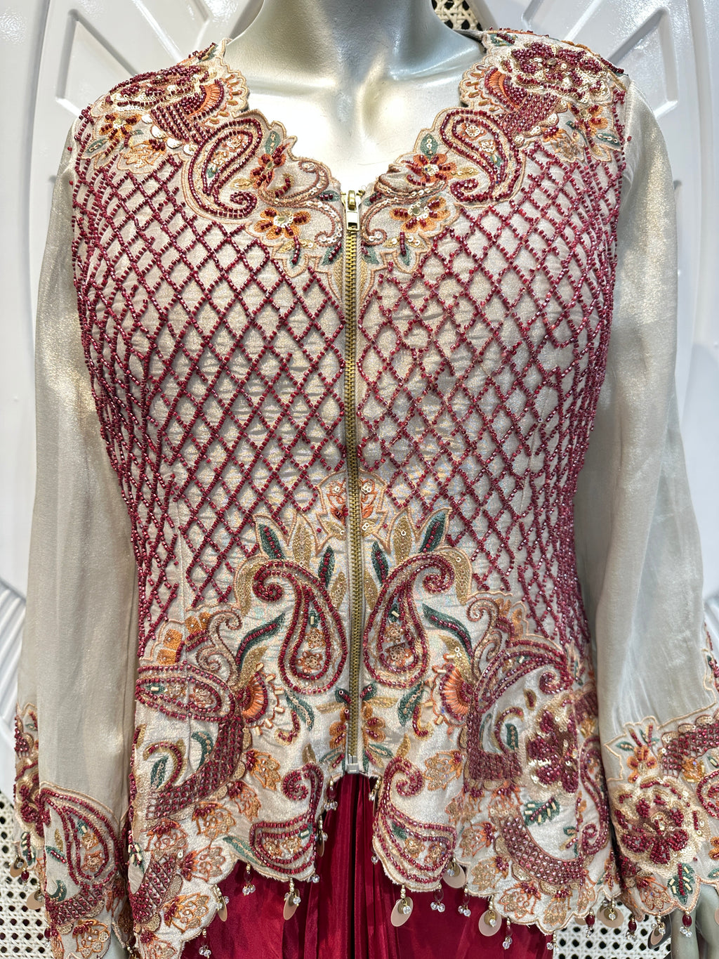 Ivory & Maroon Embroidered Jacket Co-Ord Set