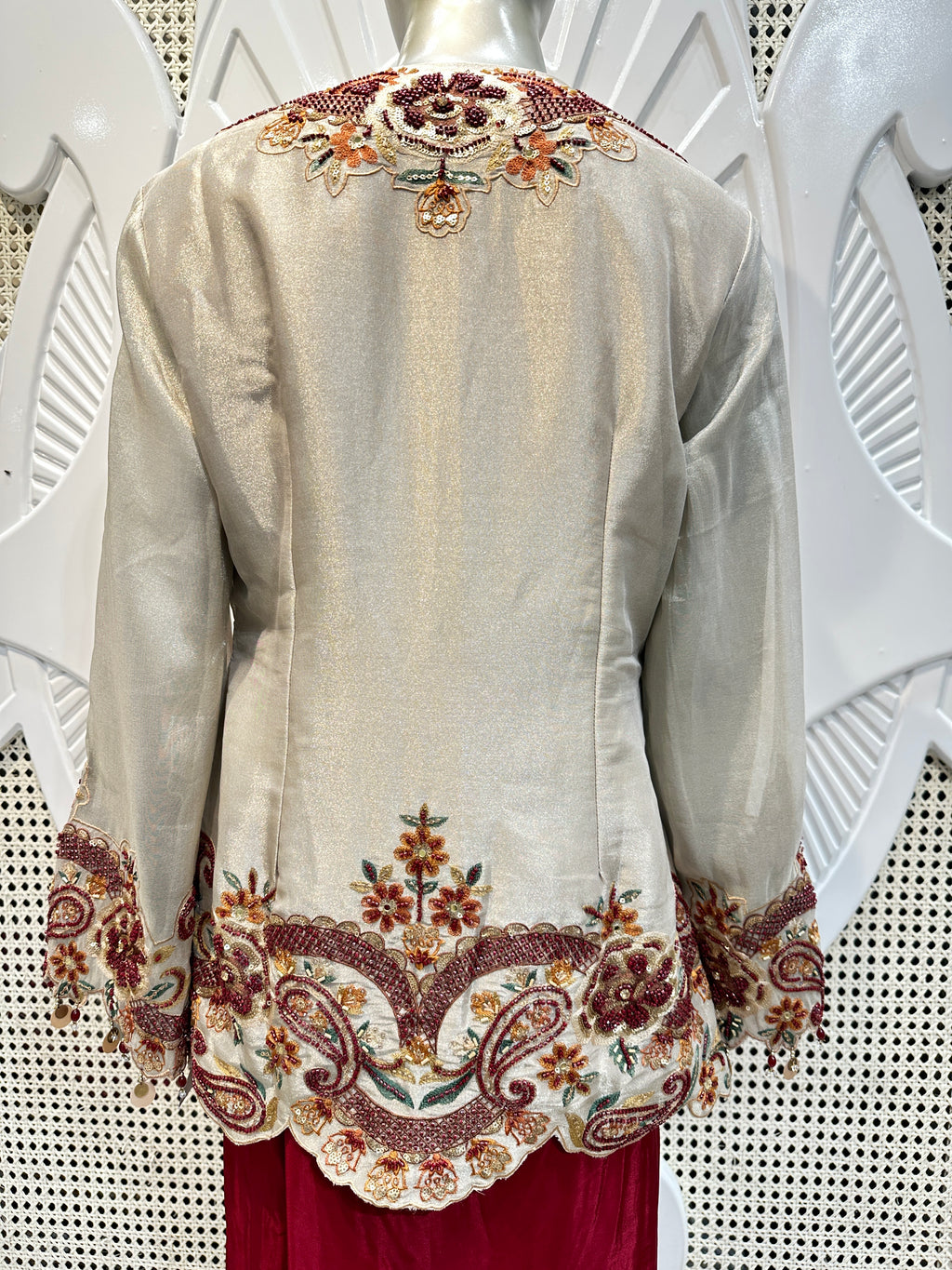 Ivory & Maroon Embroidered Jacket Co-Ord Set