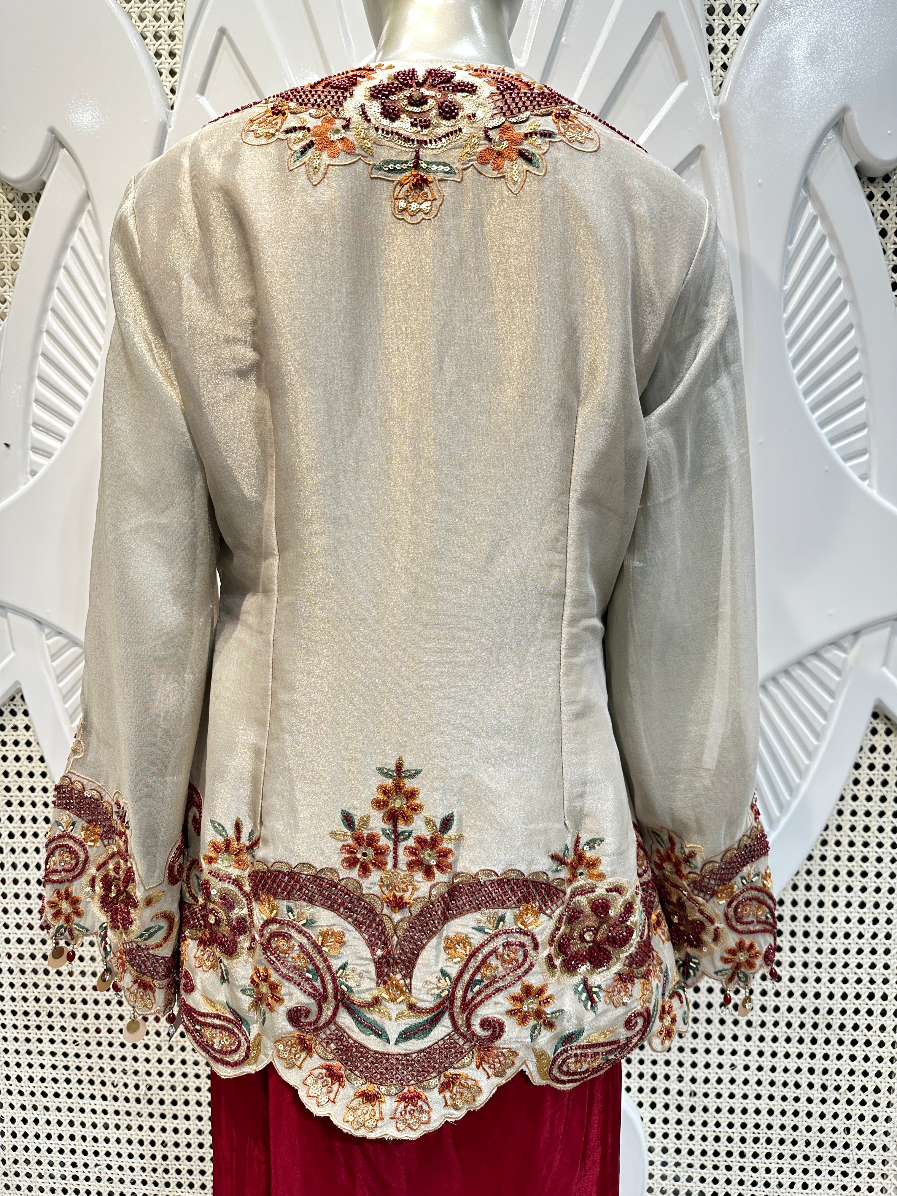 Ivory & Maroon Embroidered Jacket Co-Ord Set