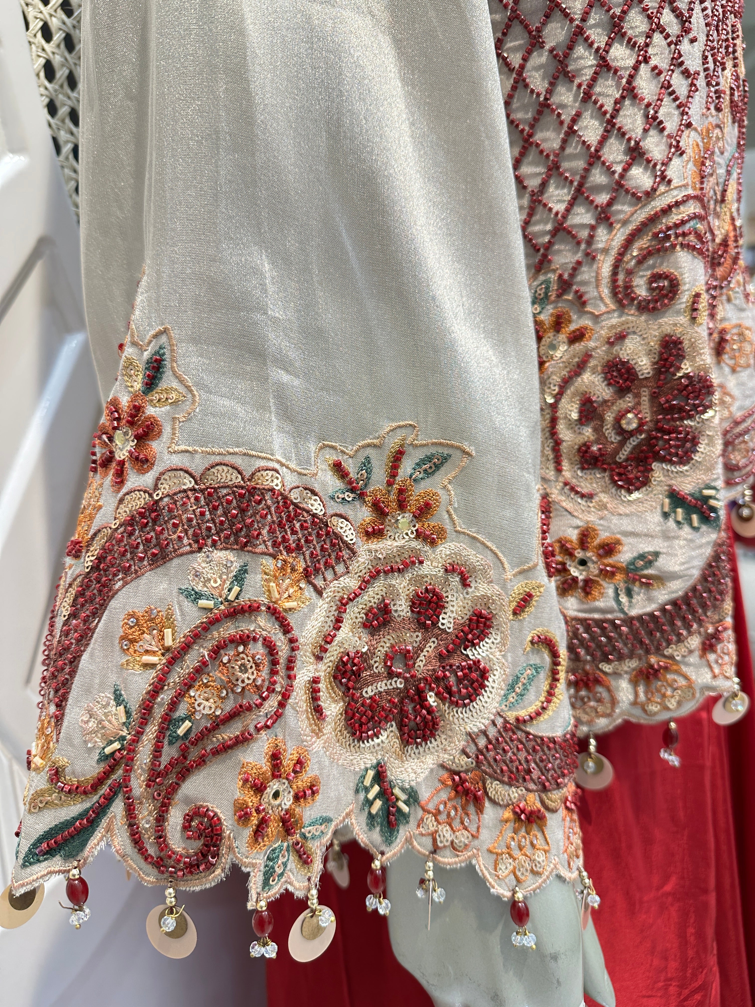 Ivory & Maroon Embroidered Jacket Co-Ord Set