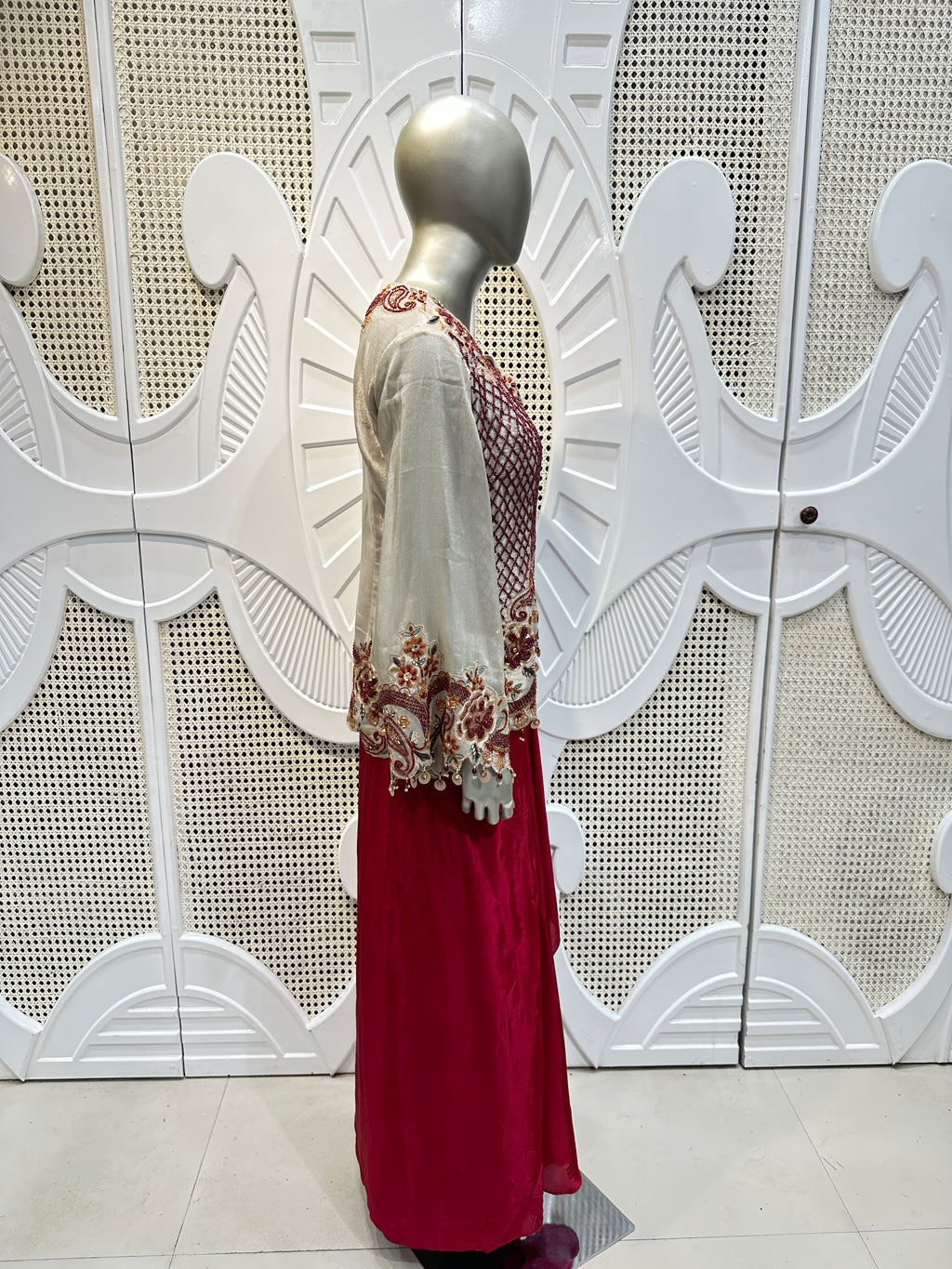Ivory & Maroon Embroidered Jacket Co-Ord Set