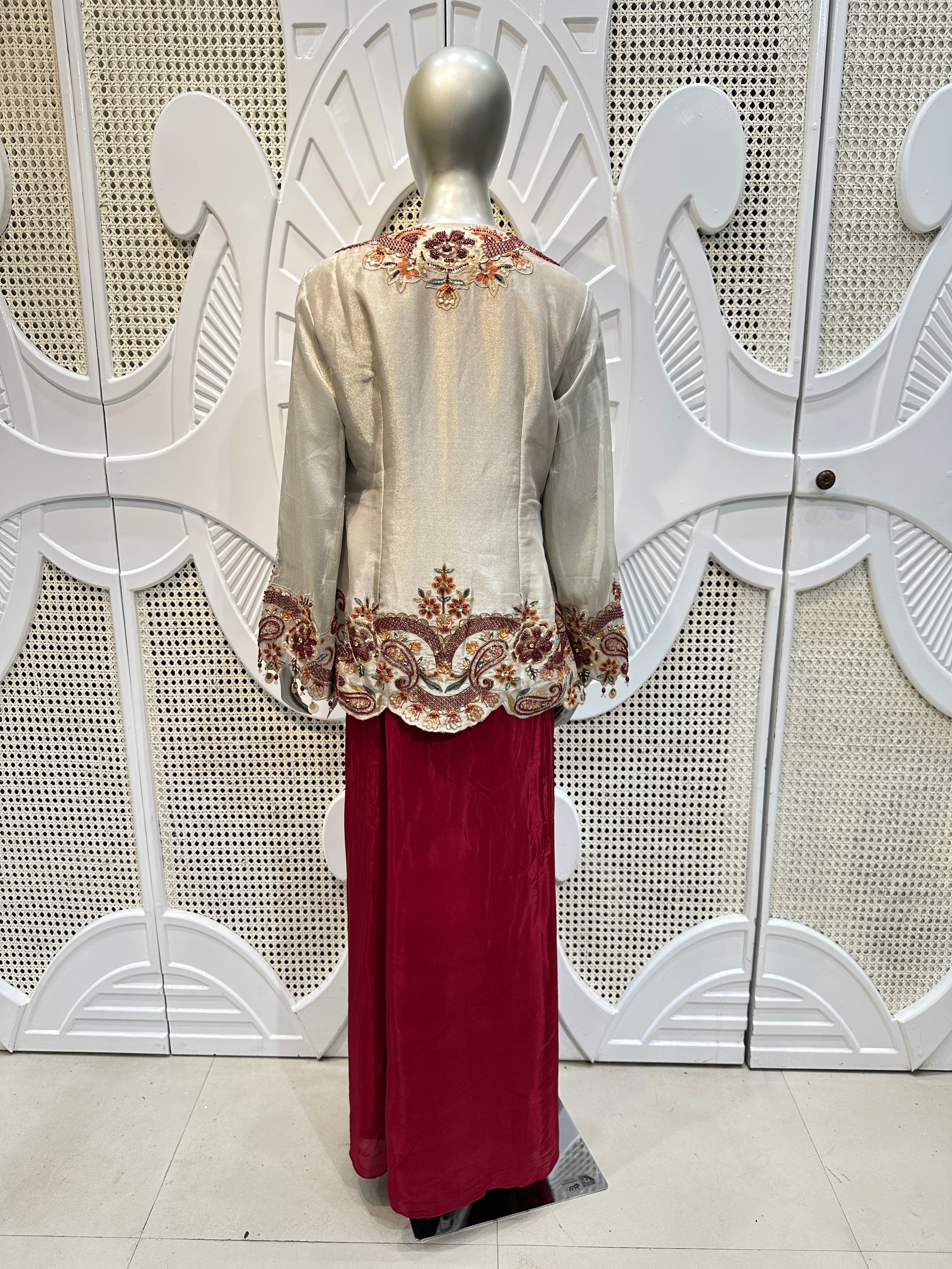 Ivory & Maroon Embroidered Jacket Co-Ord Set