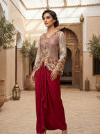 Ivory & Maroon Embroidered Jacket Co-Ord Set