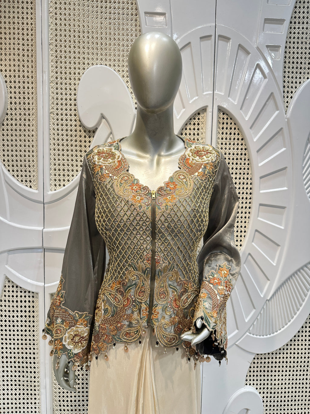 Charcoal Grey Embroidered Jacket Co-Ord Set
