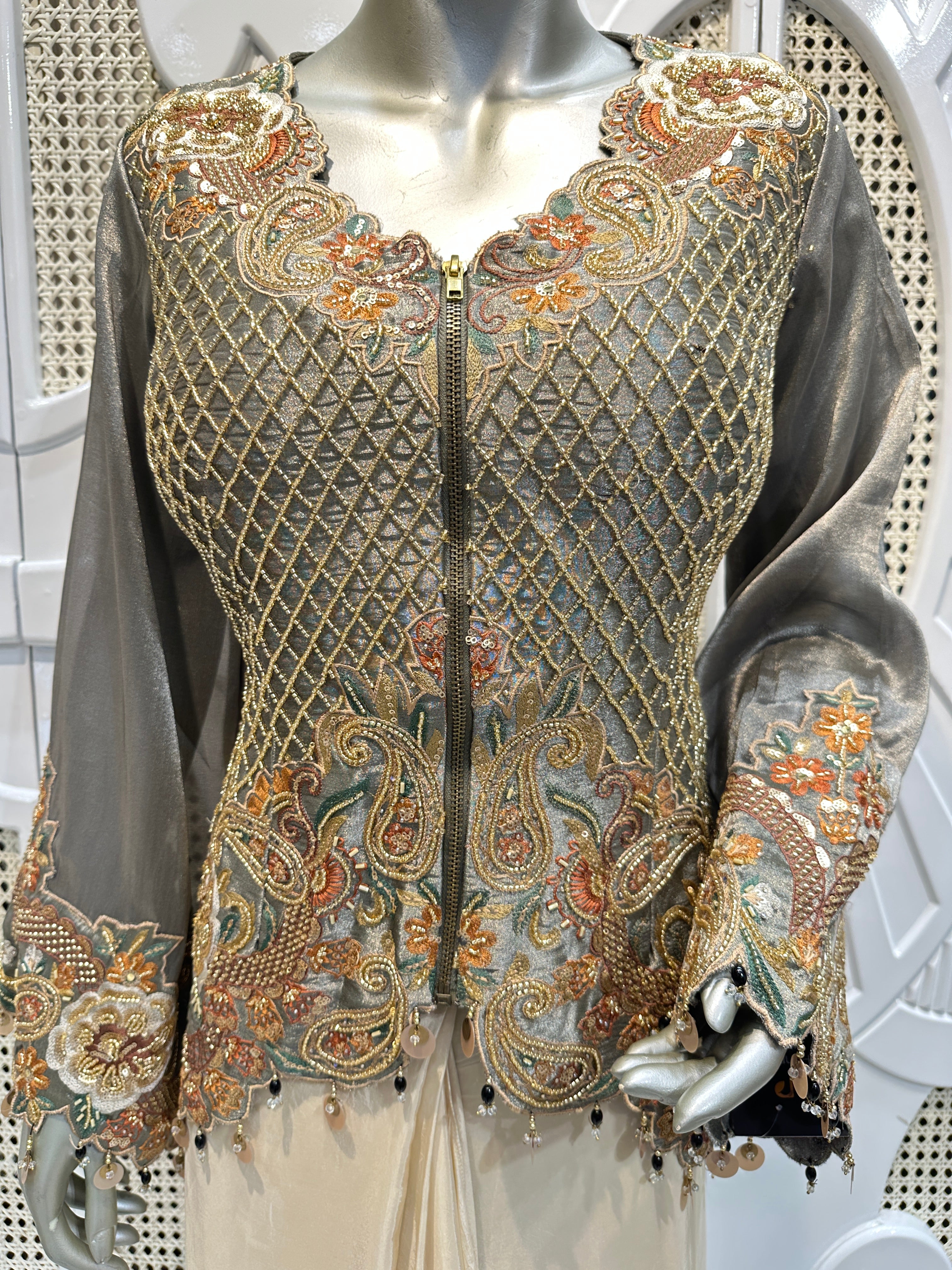 Charcoal Grey Embroidered Jacket Co-Ord Set