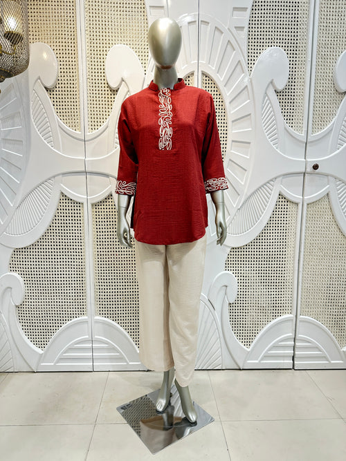 Brick Red & Ivory Embroidered Co-Ord Set