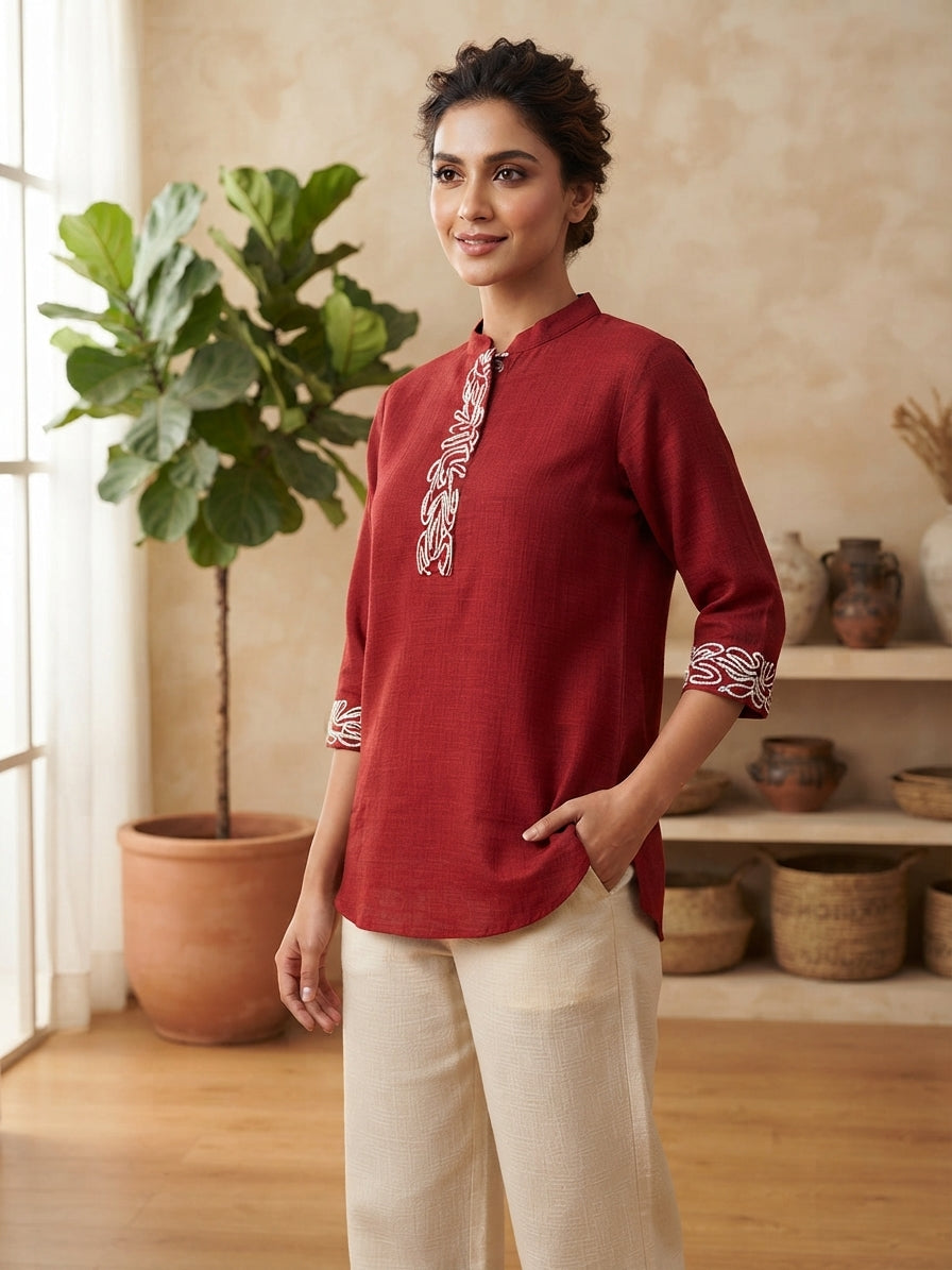 Brick Red & Ivory Embroidered Co-Ord Set