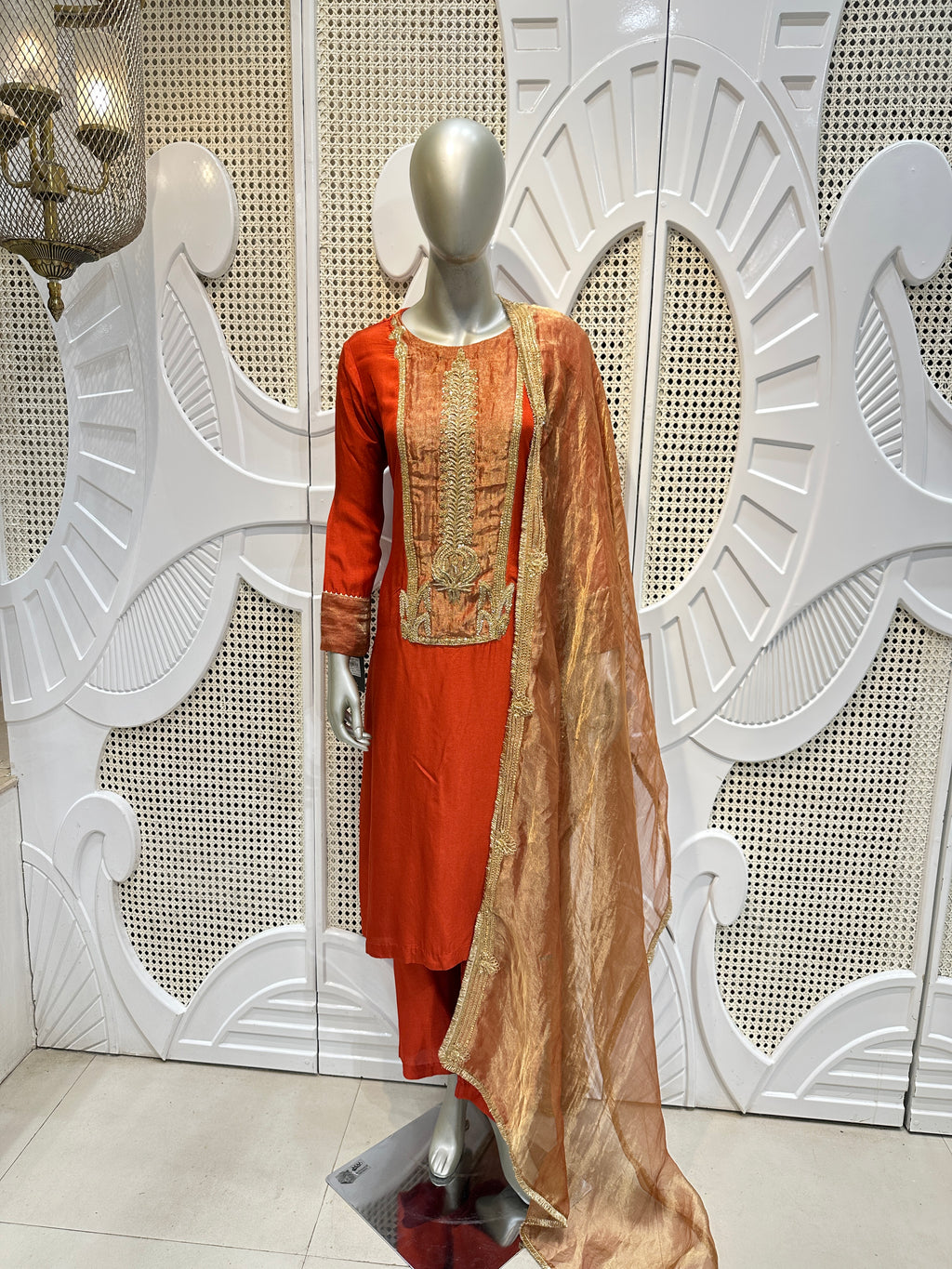 Rust Orange Embroidered Kurta Set with Gold Dupatta