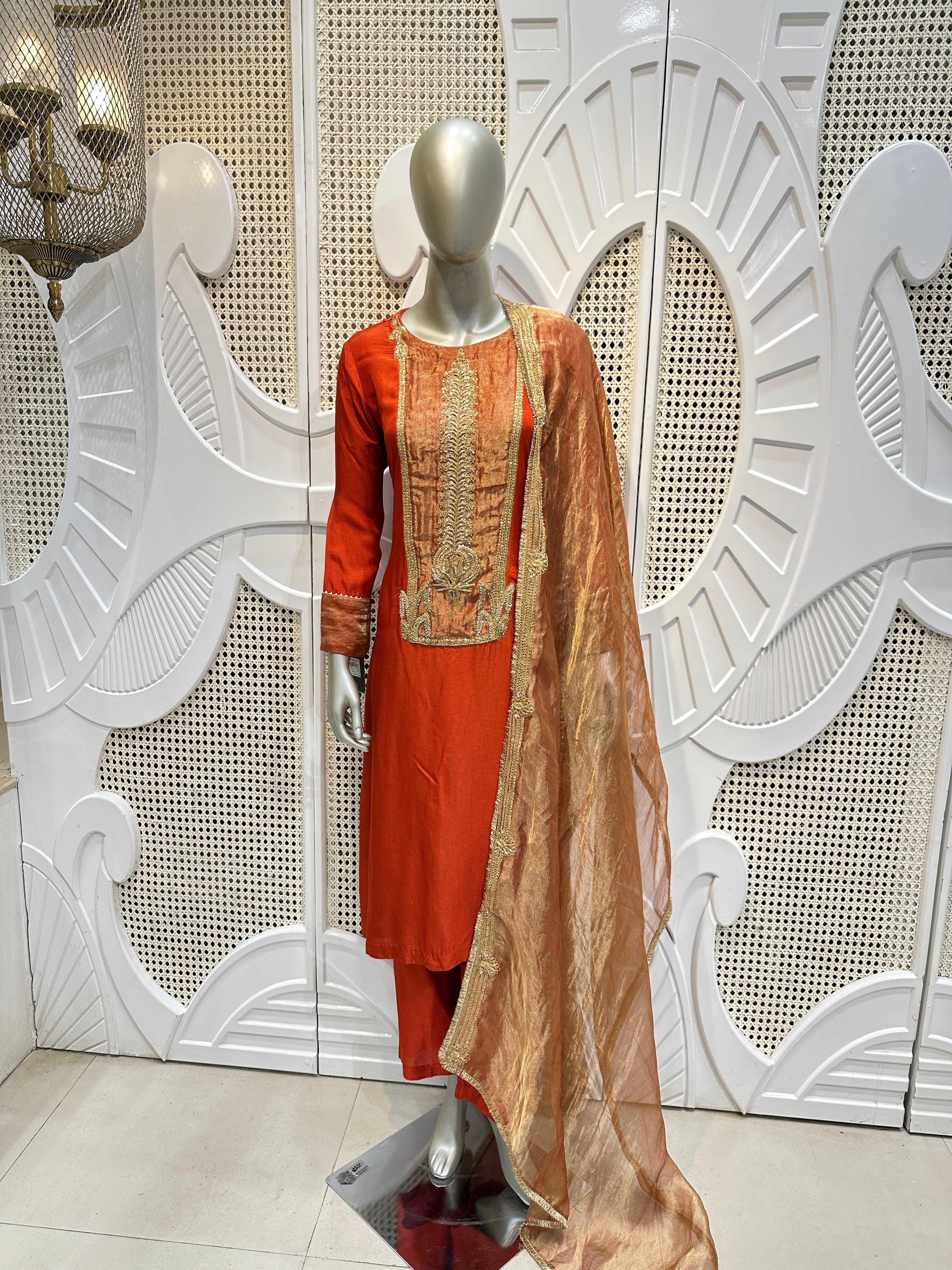 Rust Orange Embroidered Kurta Set with Gold Dupatta