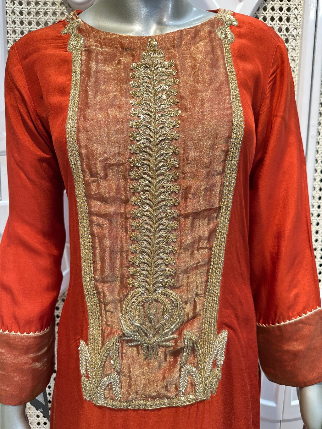 Rust Orange Embroidered Kurta Set with Gold Dupatta