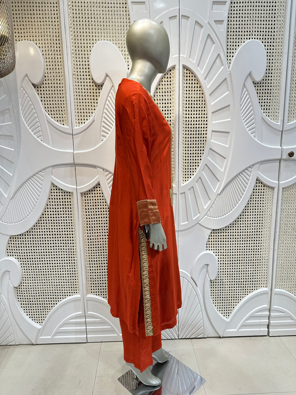 Rust Orange Embroidered Kurta Set with Gold Dupatta