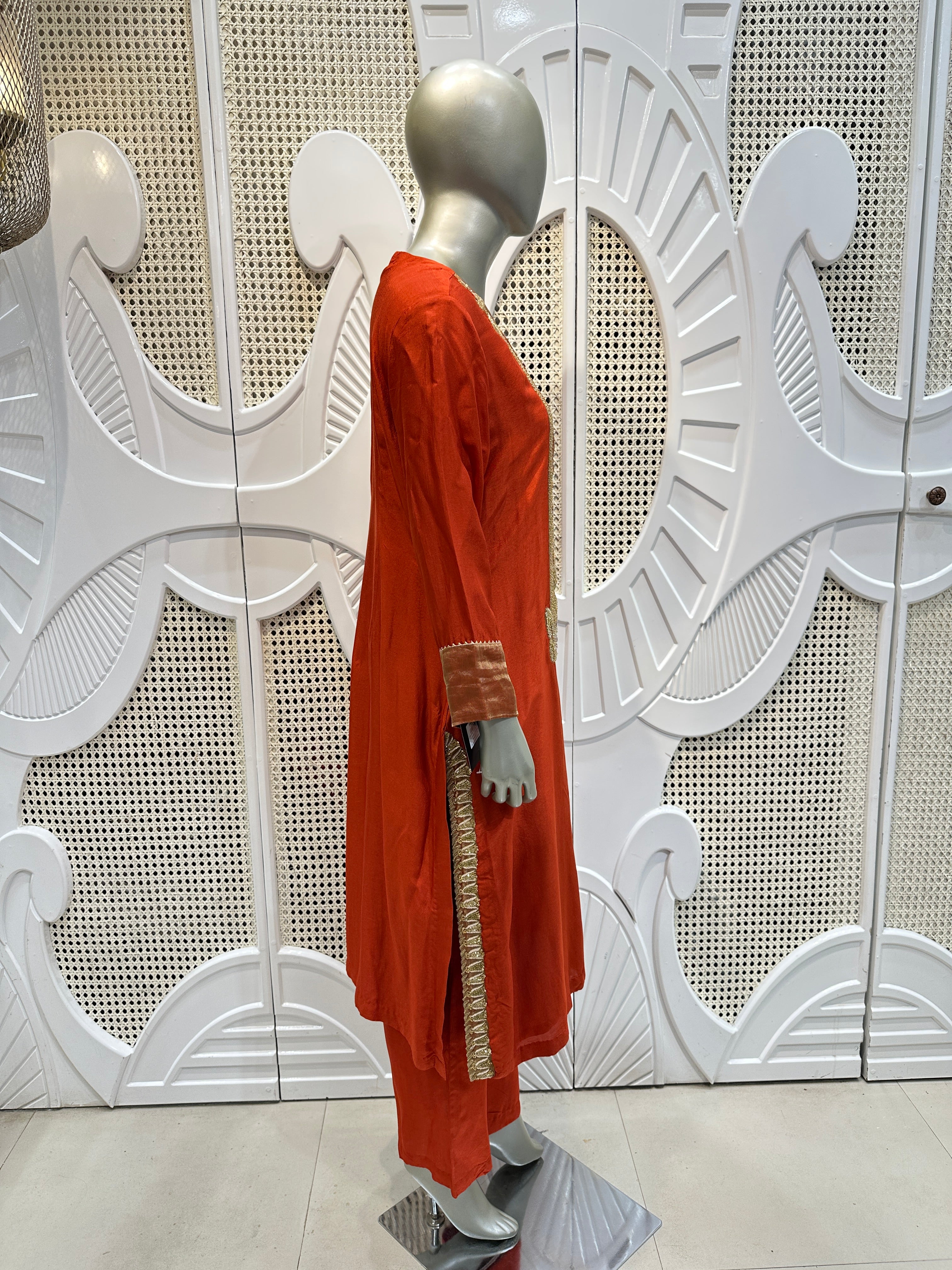 Rust Orange Embroidered Kurta Set with Gold Dupatta