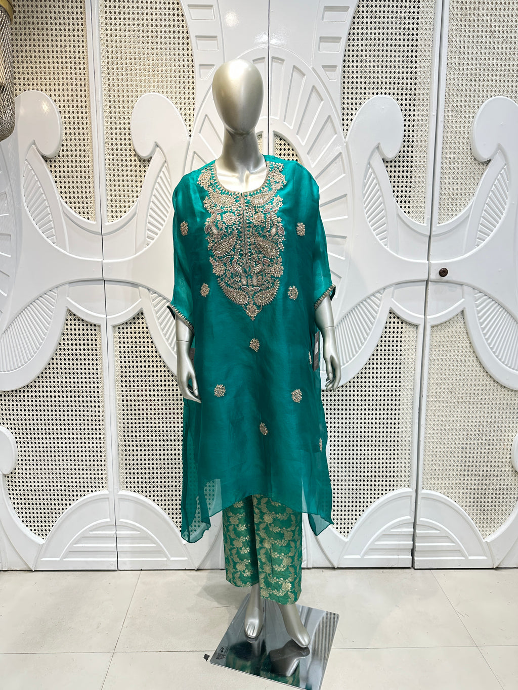 Teal Green Embroidered Organza Kurta Set
