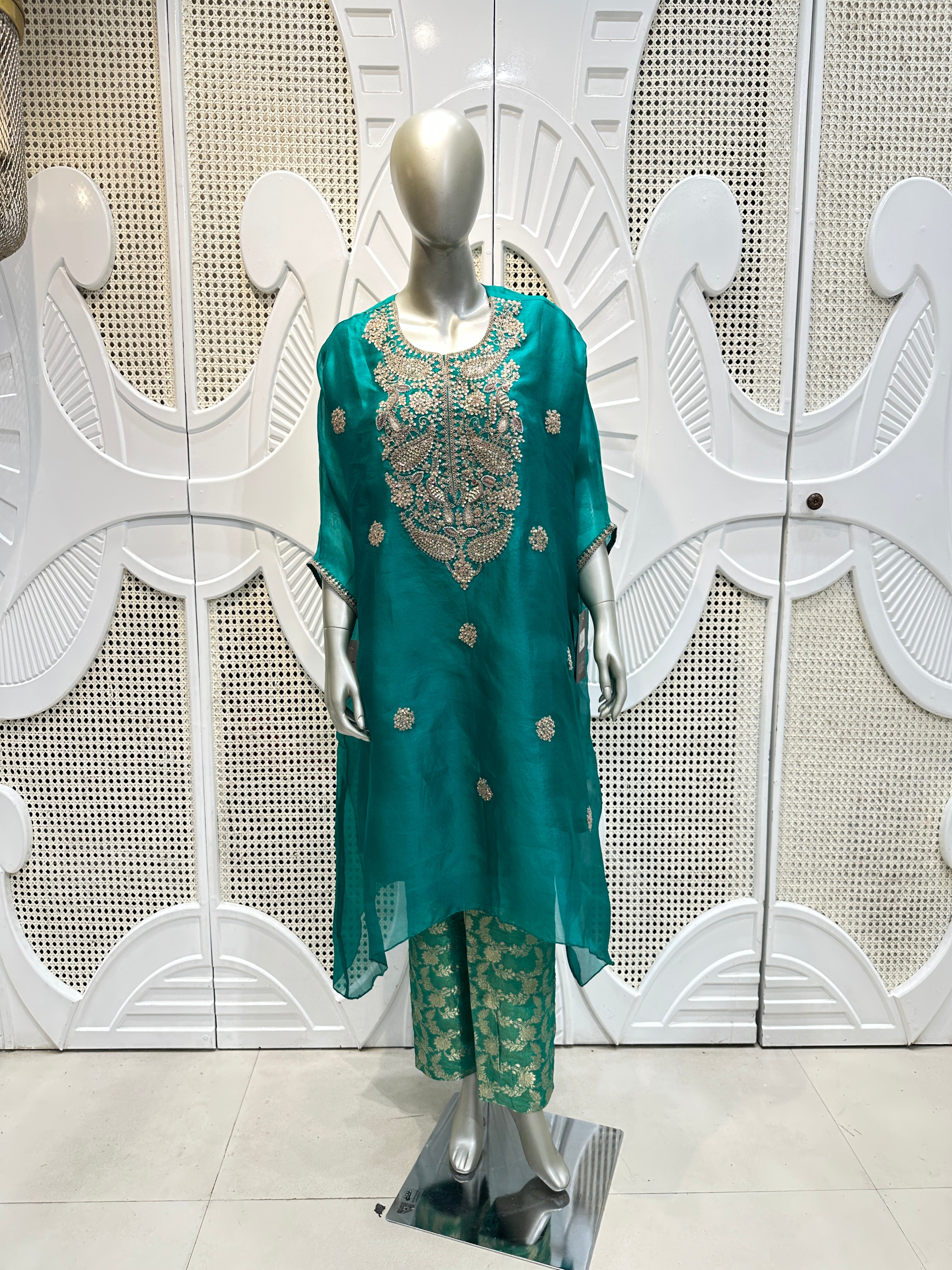 Teal Green Embroidered Organza Kurta Set
