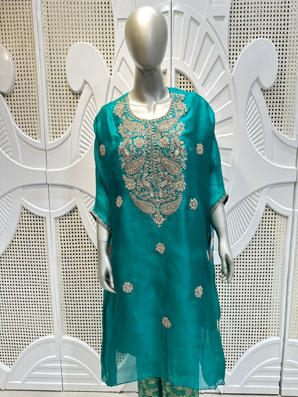 Teal Green Embroidered Organza Kurta Set