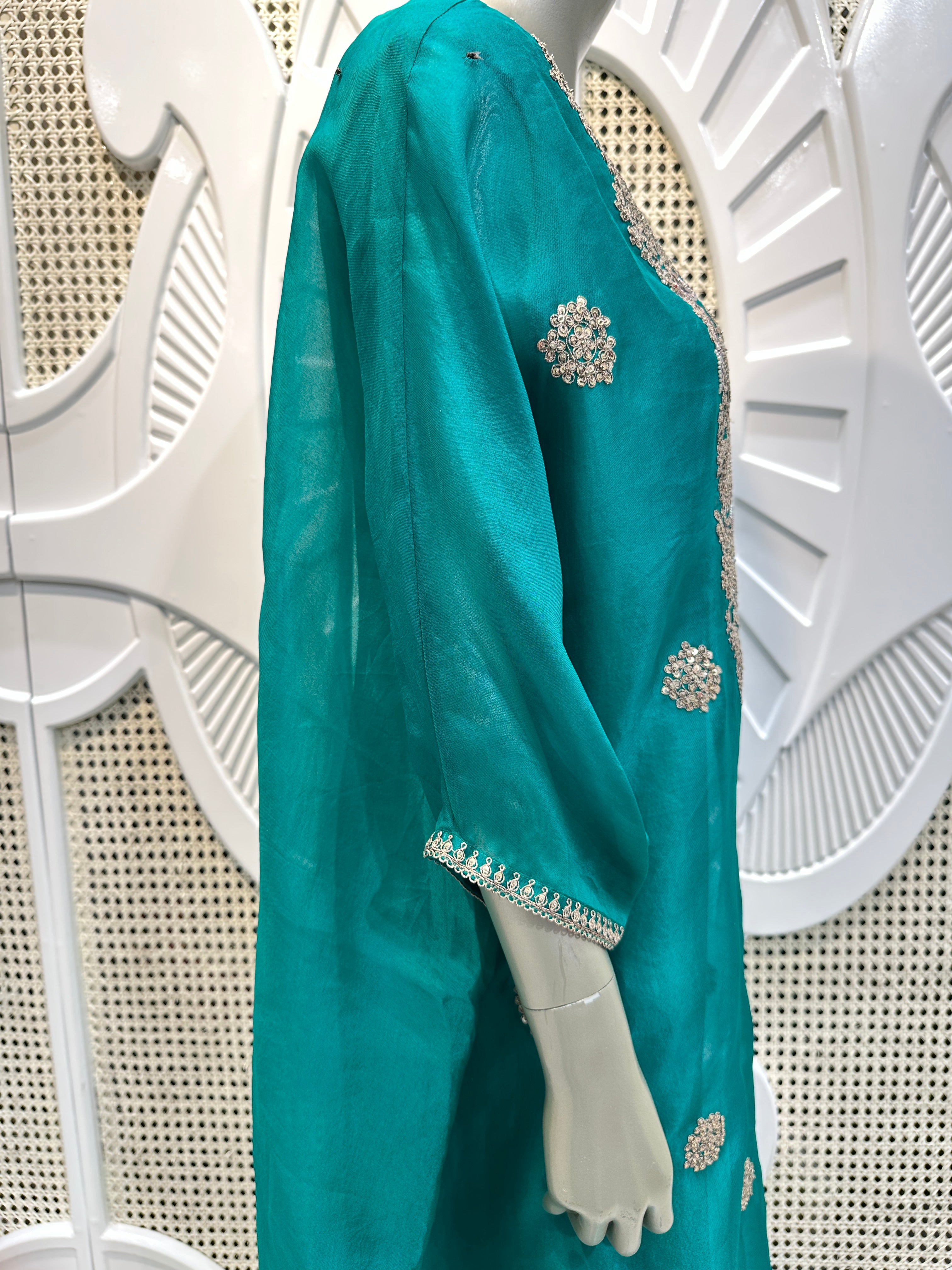 Teal Green Embroidered Organza Kurta Set