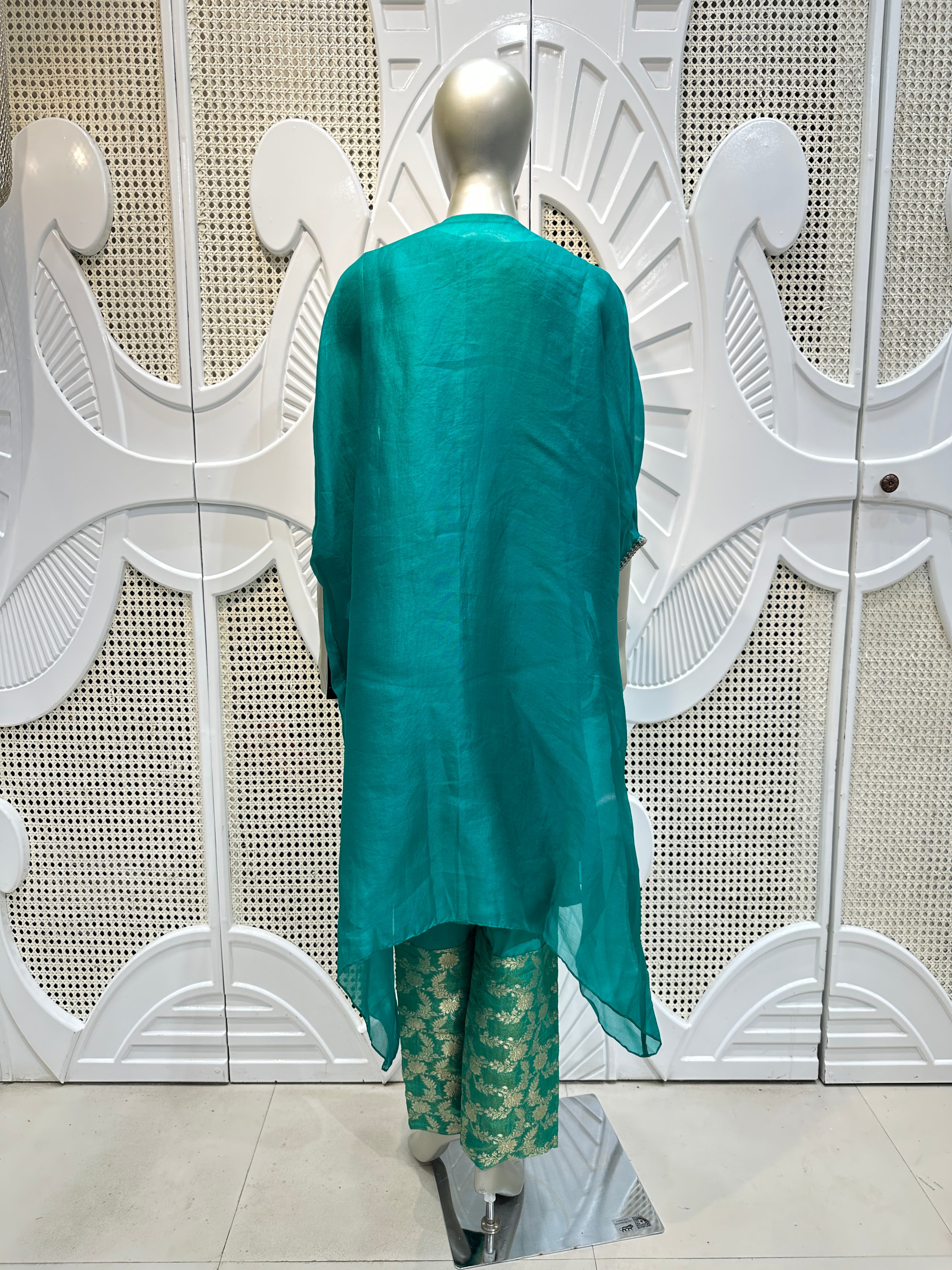 Teal Green Embroidered Organza Kurta Set