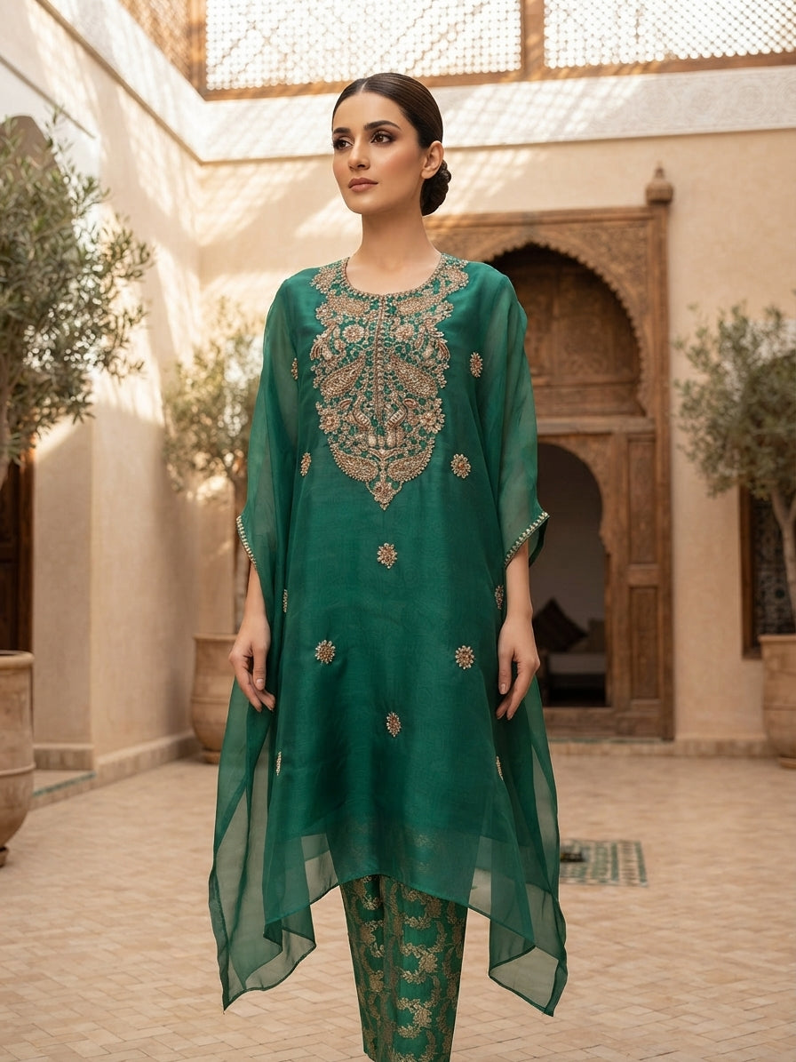 Teal Green Embroidered Organza Kurta Set