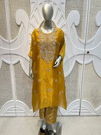 Mustard Yellow Embroidered Organza Kurta Set