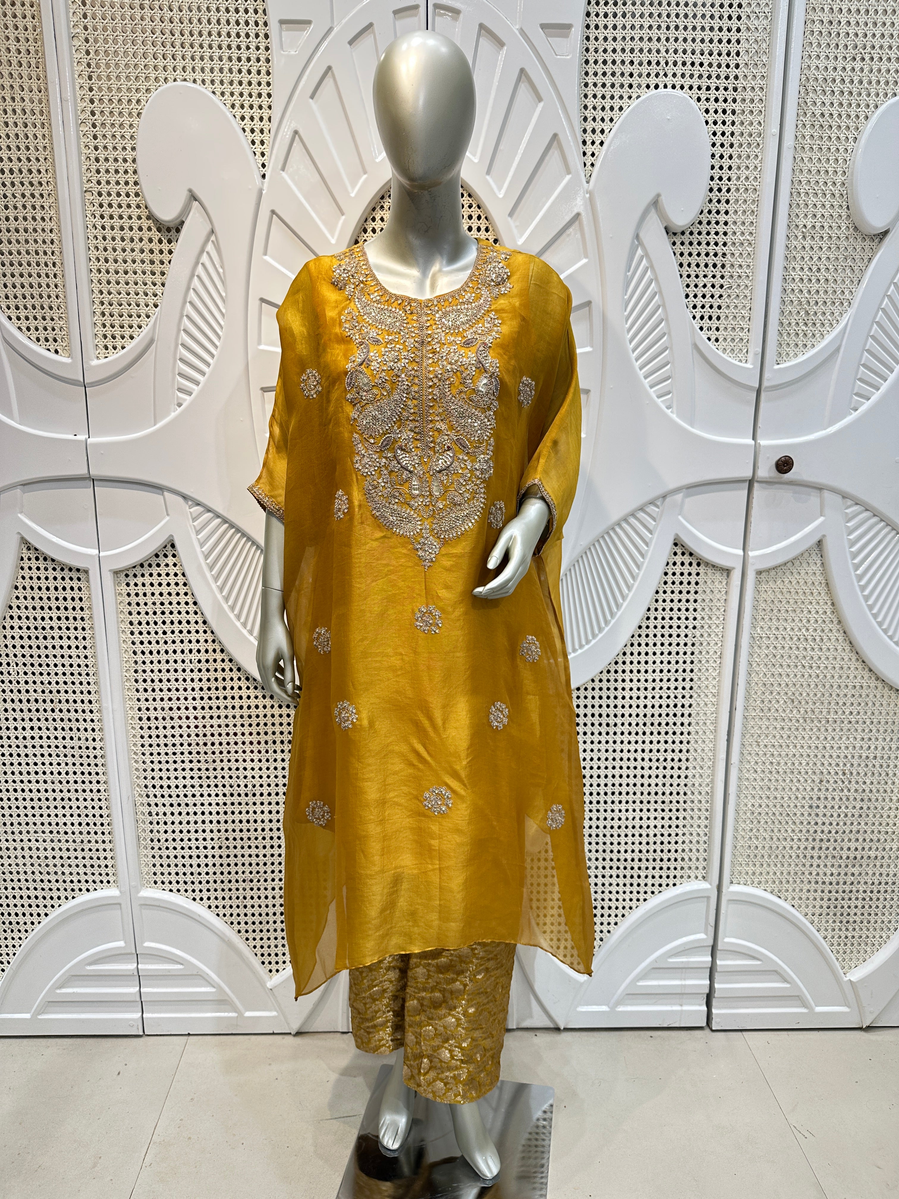 Mustard Yellow Embroidered Organza Kurta Set