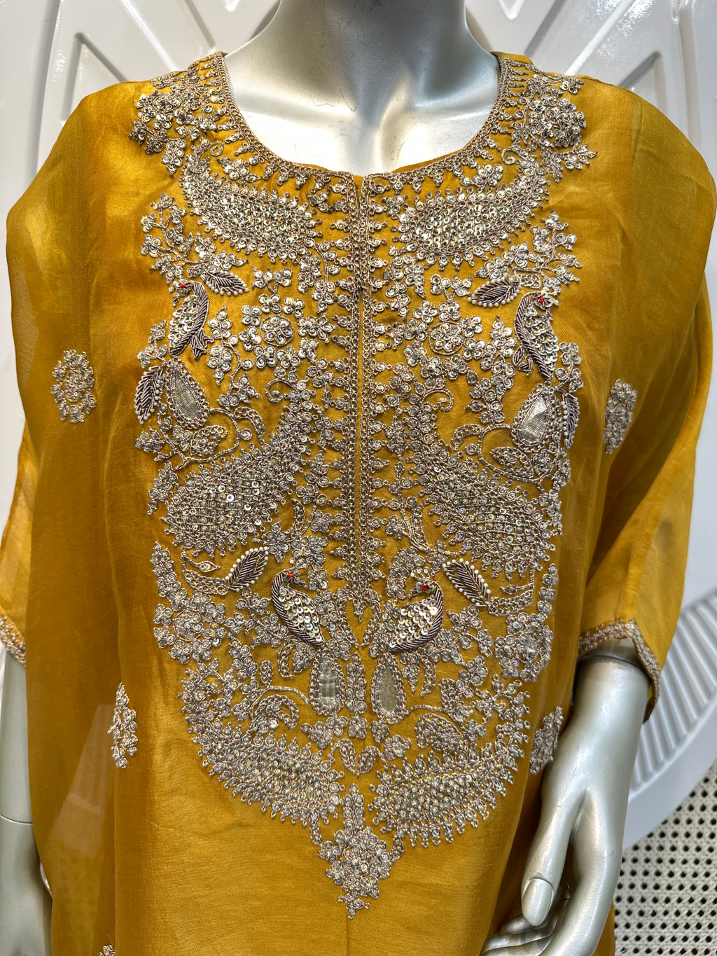 Mustard Yellow Embroidered Organza Kurta Set