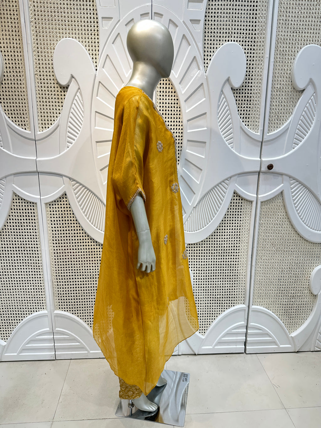 Mustard Yellow Embroidered Organza Kurta Set